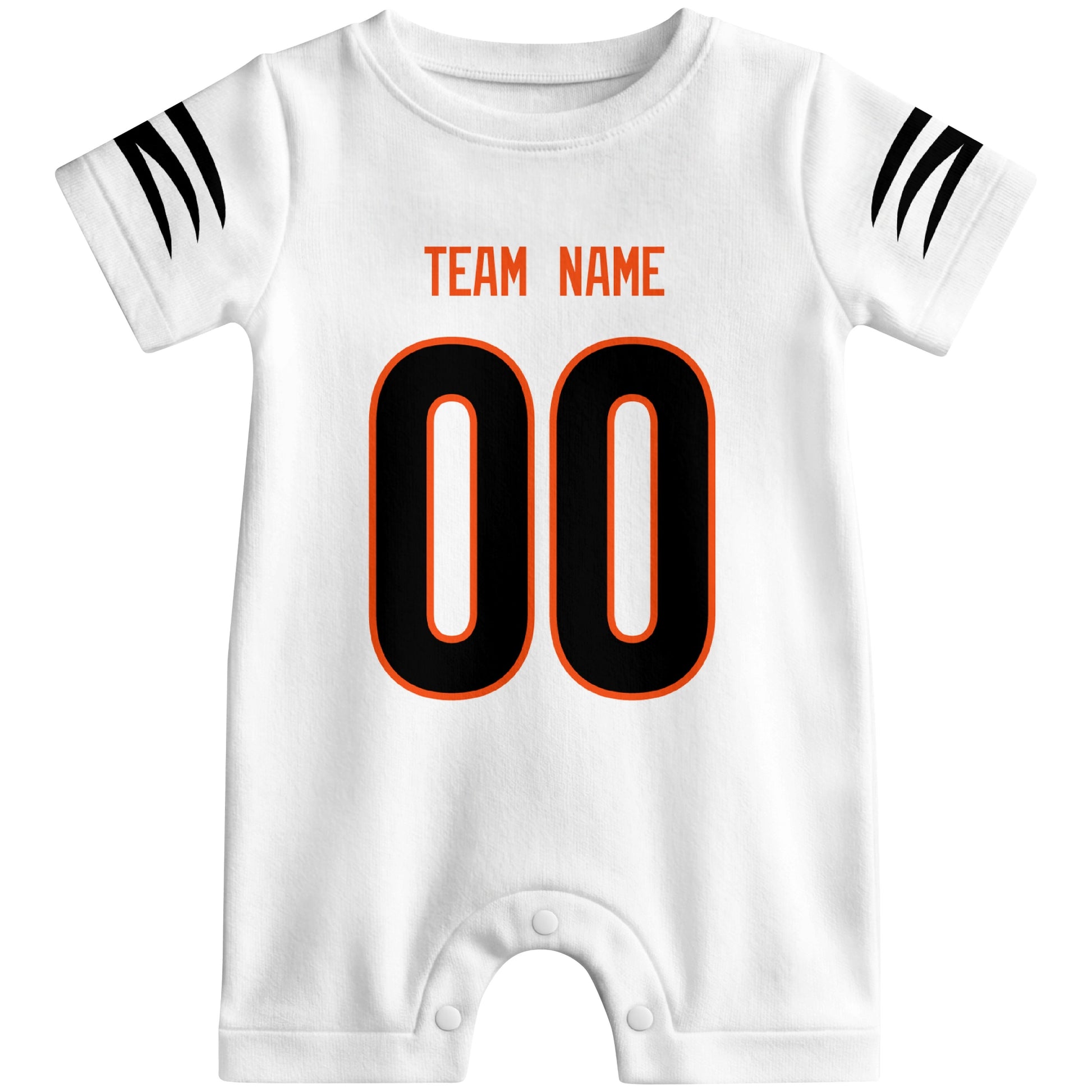 Front view of custom football-style baby onesie in White personalized with name and number