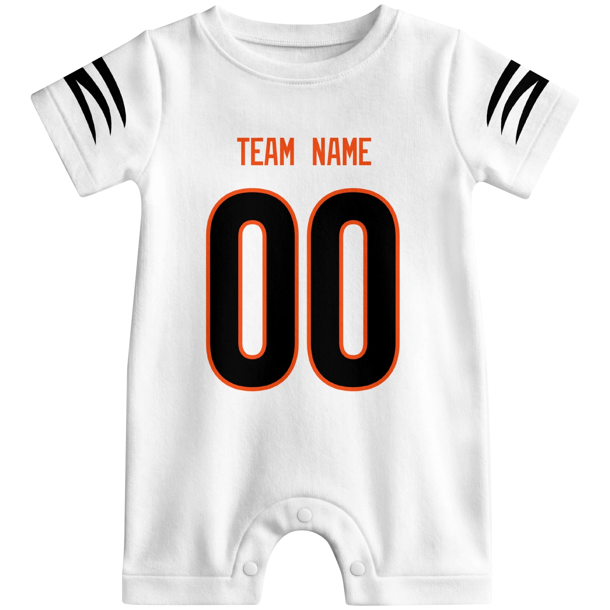 Front view of custom football-style baby onesie in White personalized with name and number