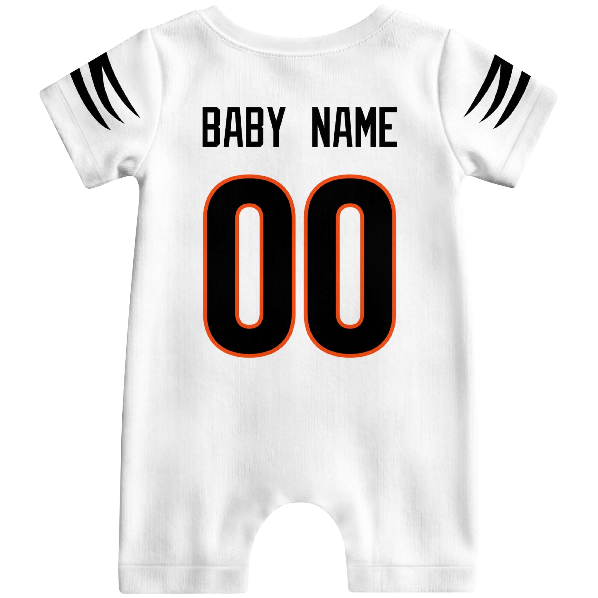 Back view of custom football-style baby onesie in White personalized with name and number