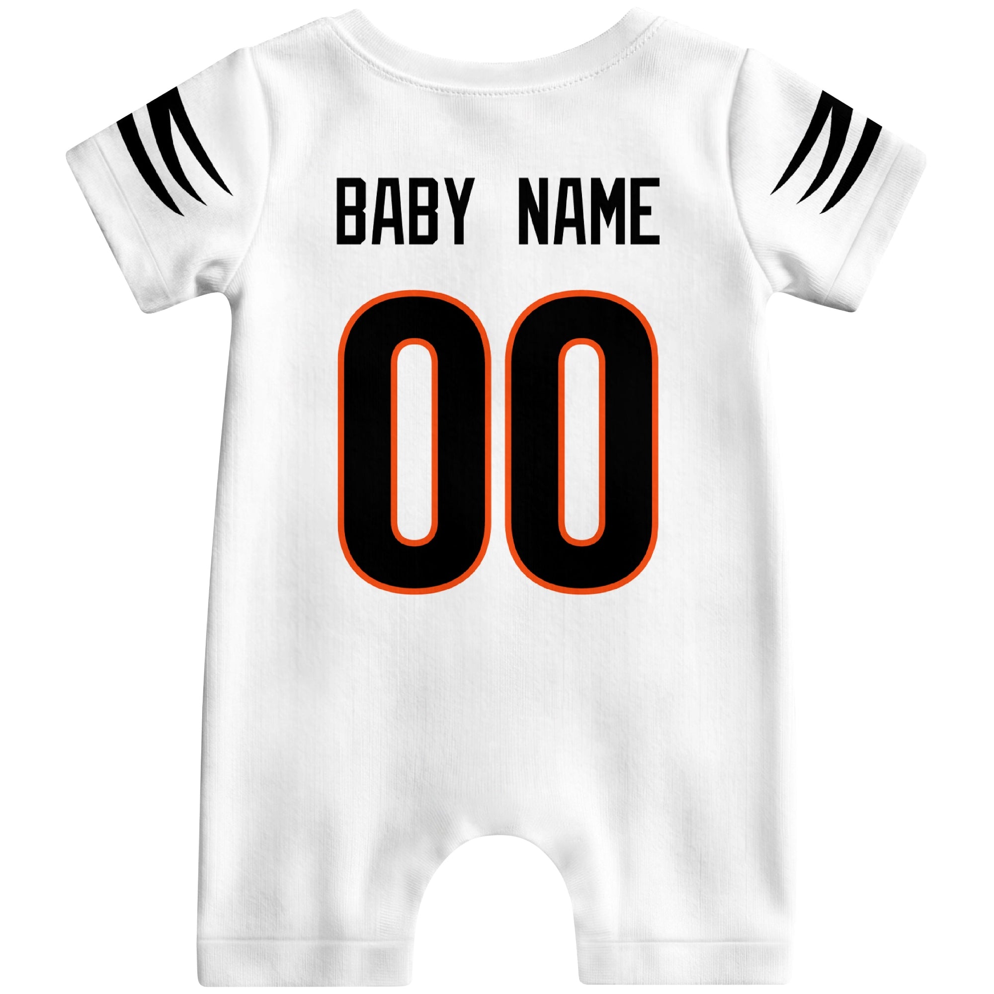 Back view of custom football-style baby onesie in White personalized with name and number