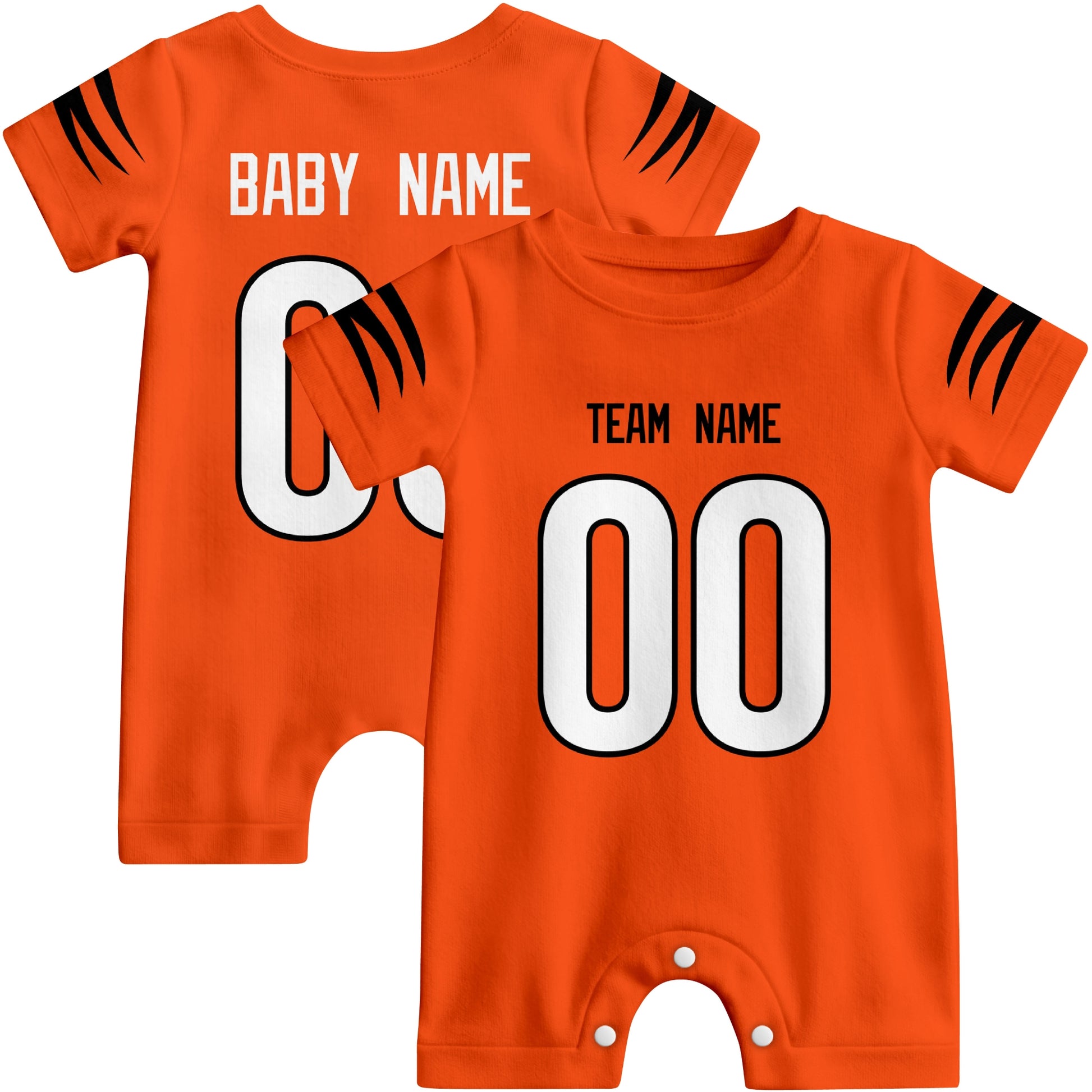 Front and back views of custom football-style baby onesie in Orange and Black colors with personalized details