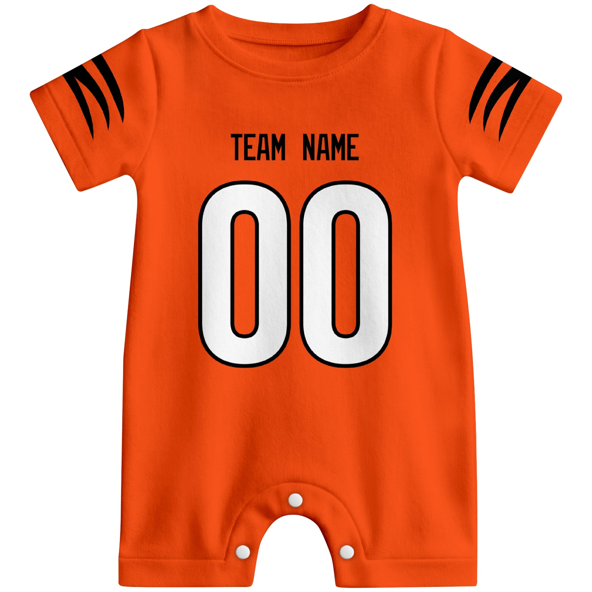 Front view of custom football-style baby onesie in Orange personalized with name and number