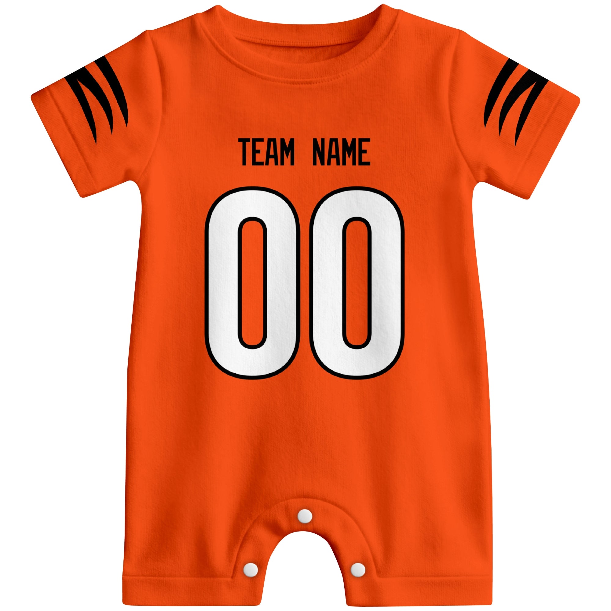 Front view of custom football-style baby onesie in Orange personalized with name and number