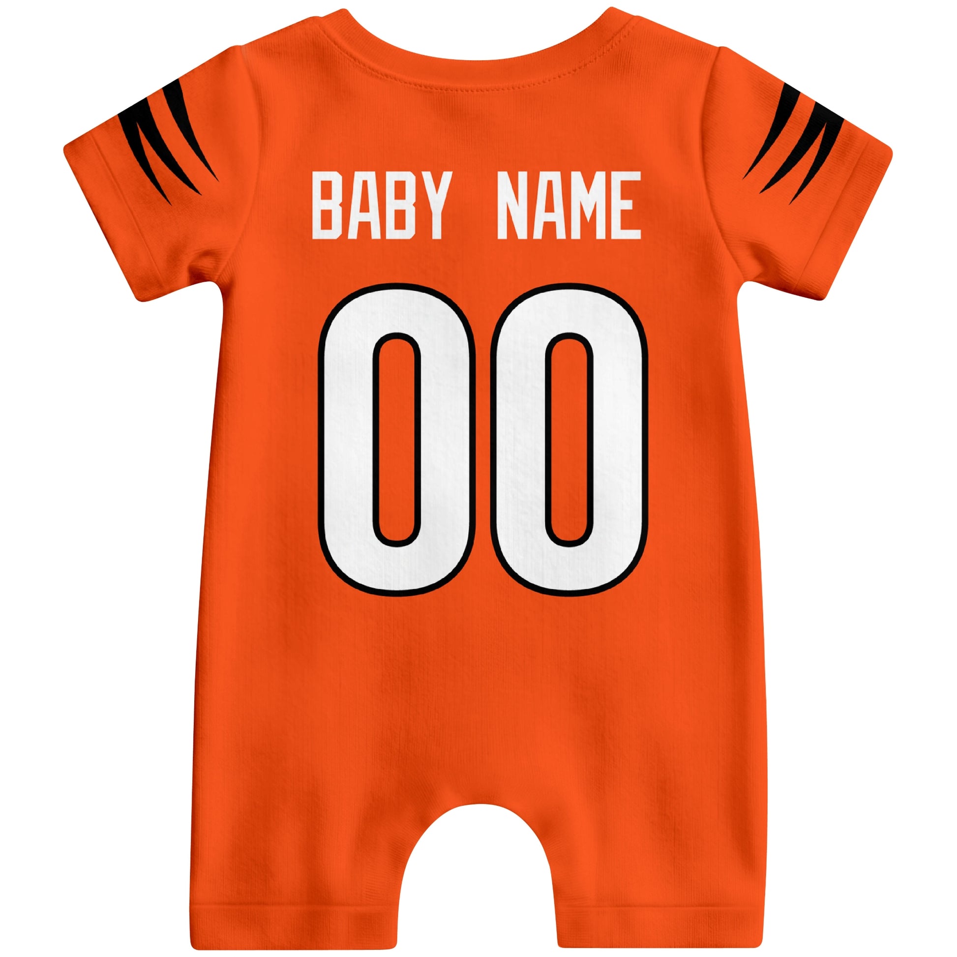 Back view of custom football-style baby onesie in Orange personalized with name and number