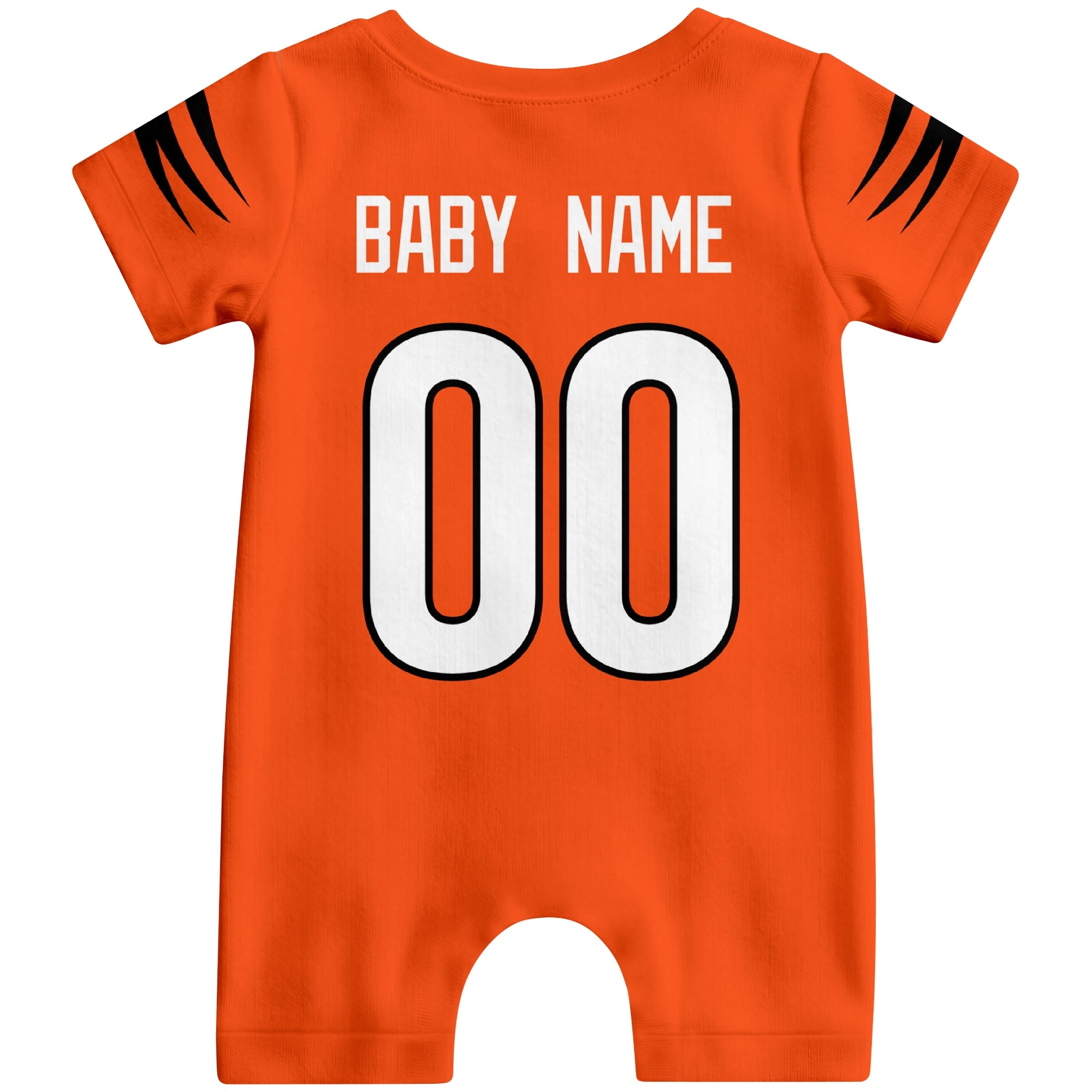 Back view of custom football-style baby onesie in Orange personalized with name and number