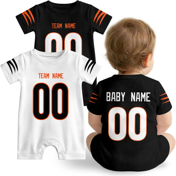 Baby wearing custom football-style onesie in Black, White, and Orange with personalized name and number
