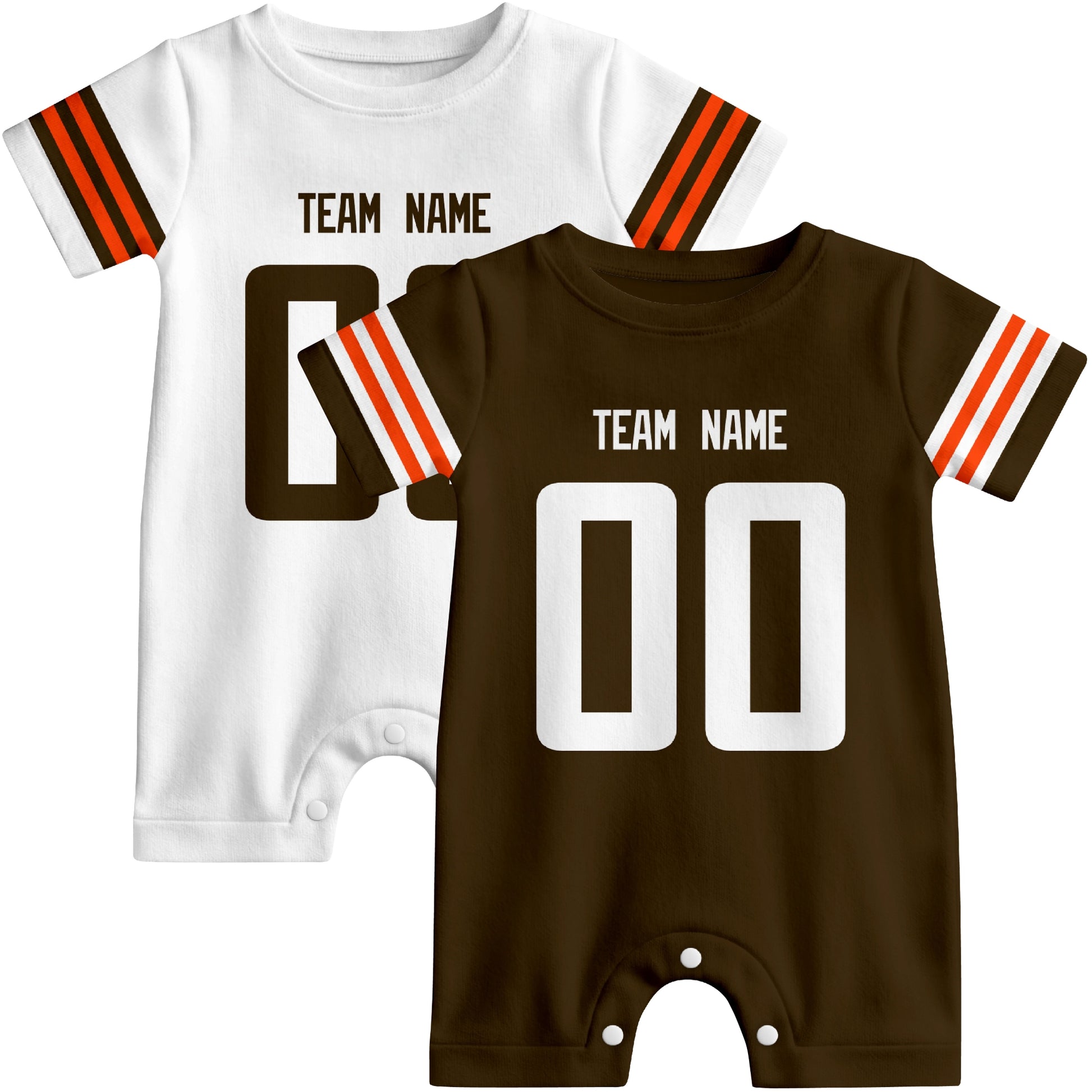 Custom football-style baby onesie color options in Brown and White