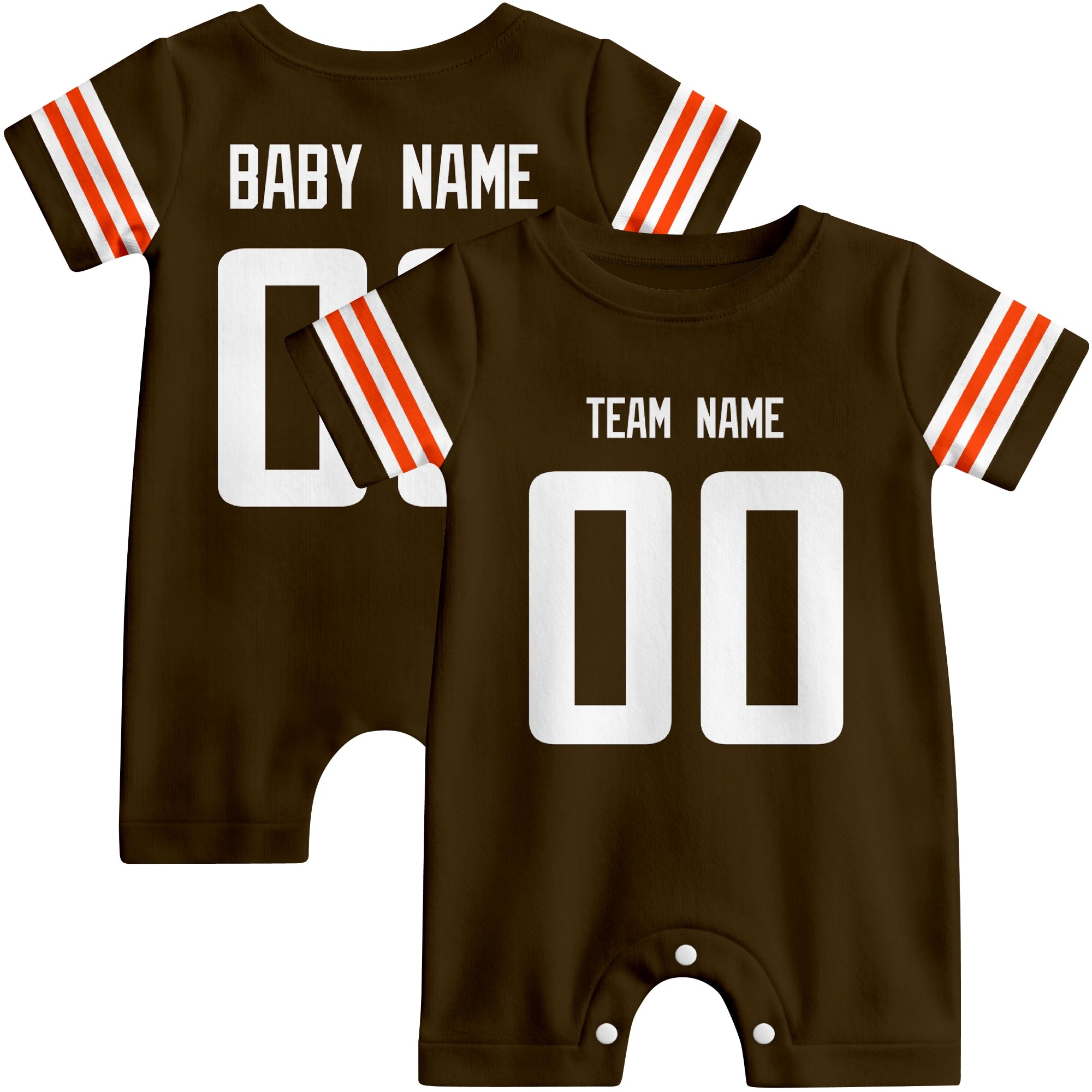 Front and back views of custom football-style baby onesie in Brown and White colors with personalized details