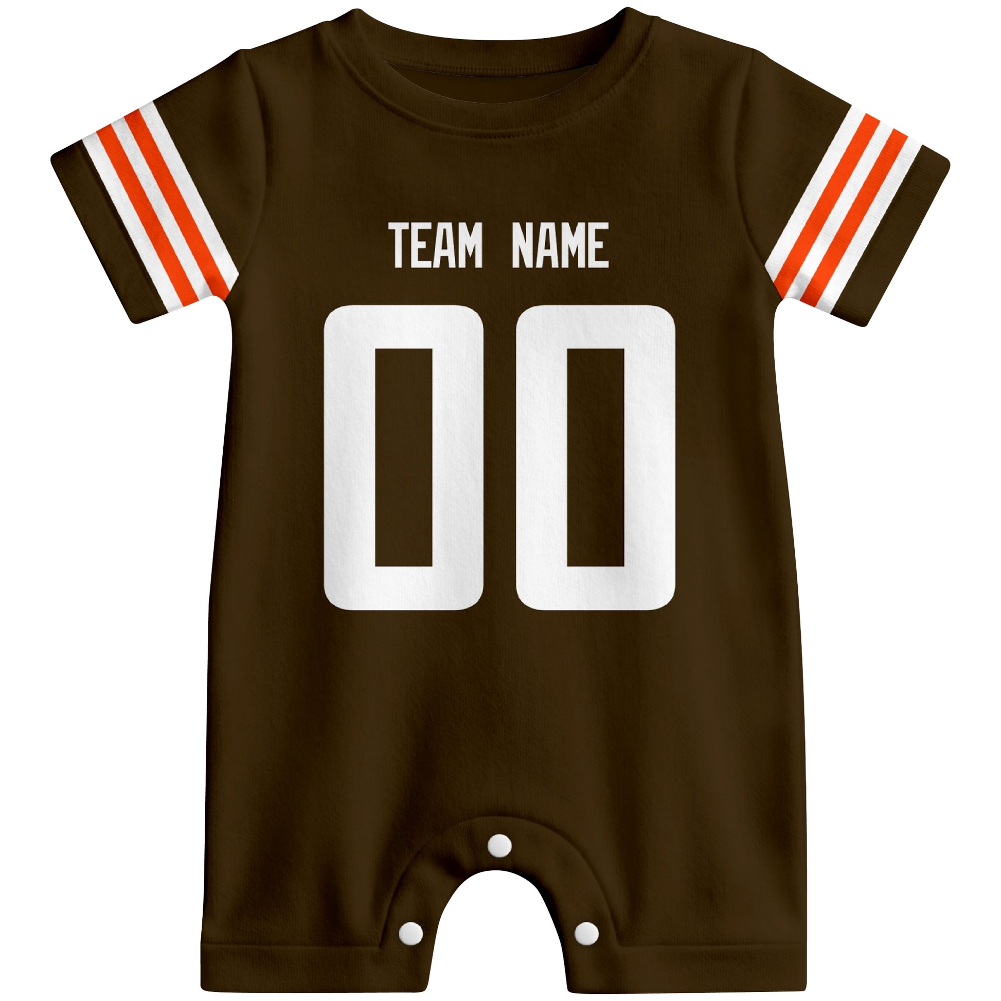 Front view of custom football-style baby onesie in Brown personalized with team name and number