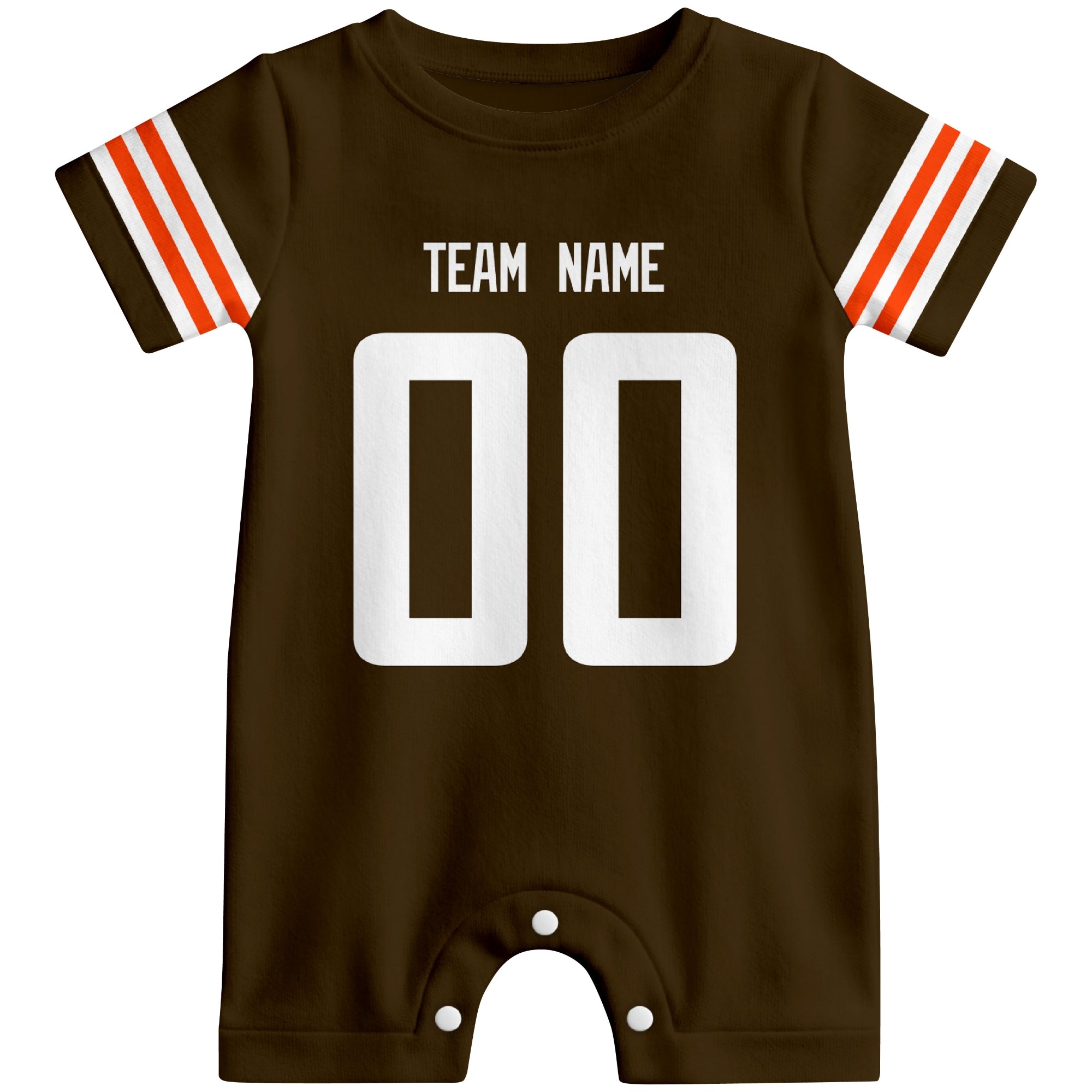 Front view of custom football-style baby onesie in Brown personalized with team name and number