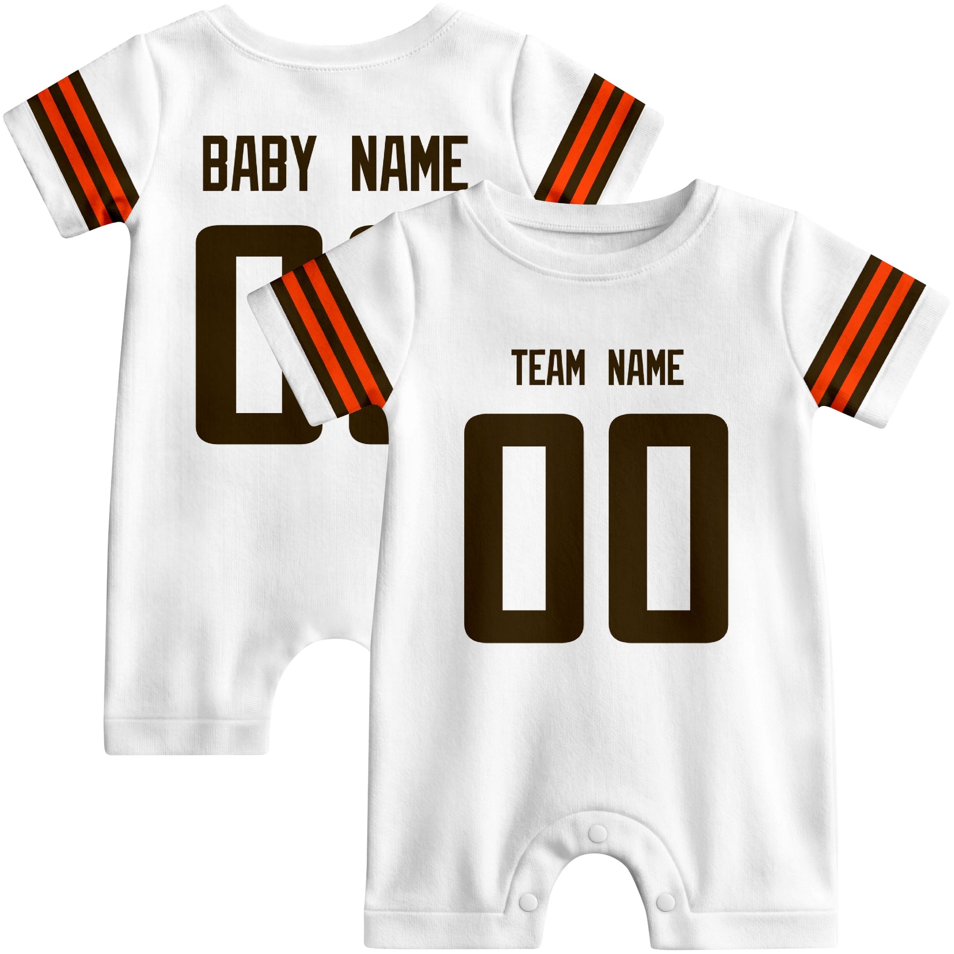 Front and back views of custom football-style baby onesie in White and Brown colors with personalized details
