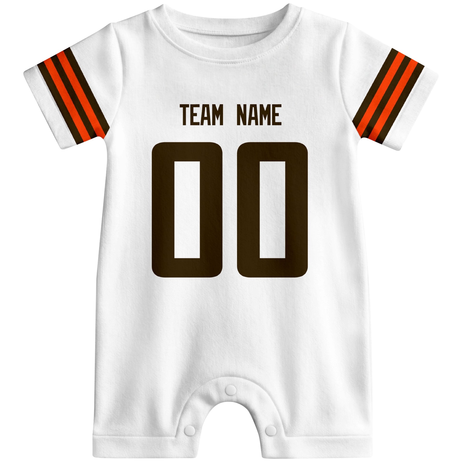 Front view of custom football-style baby onesie in White personalized with name and number