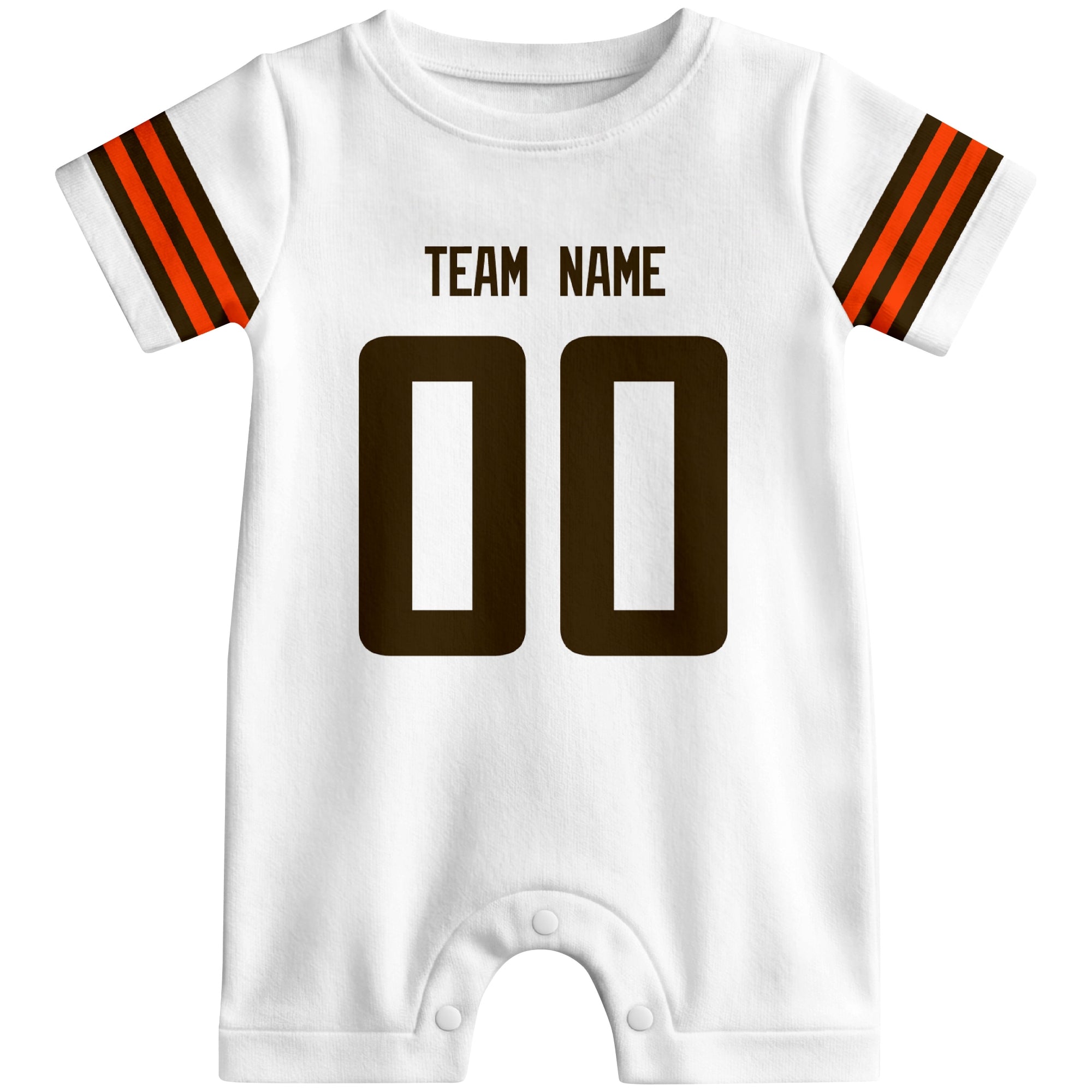 Front view of custom football-style baby onesie in White personalized with name and number