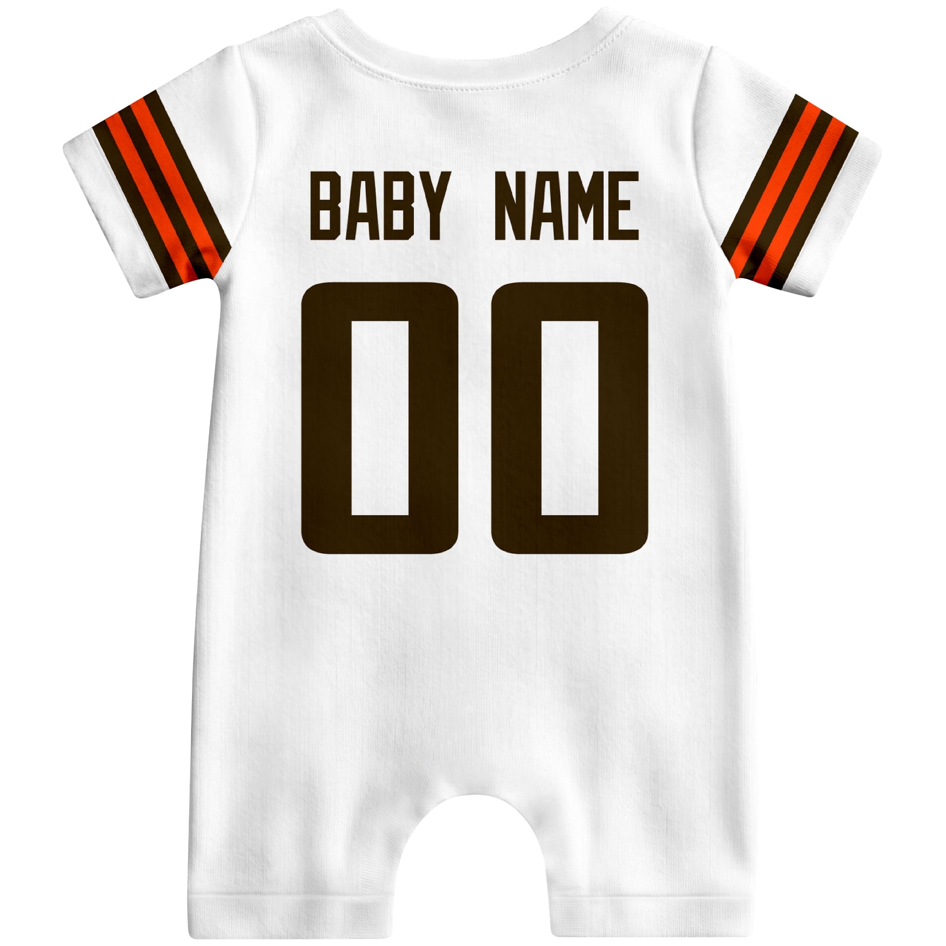 Back view of custom football-style baby onesie in White personalized with name and number