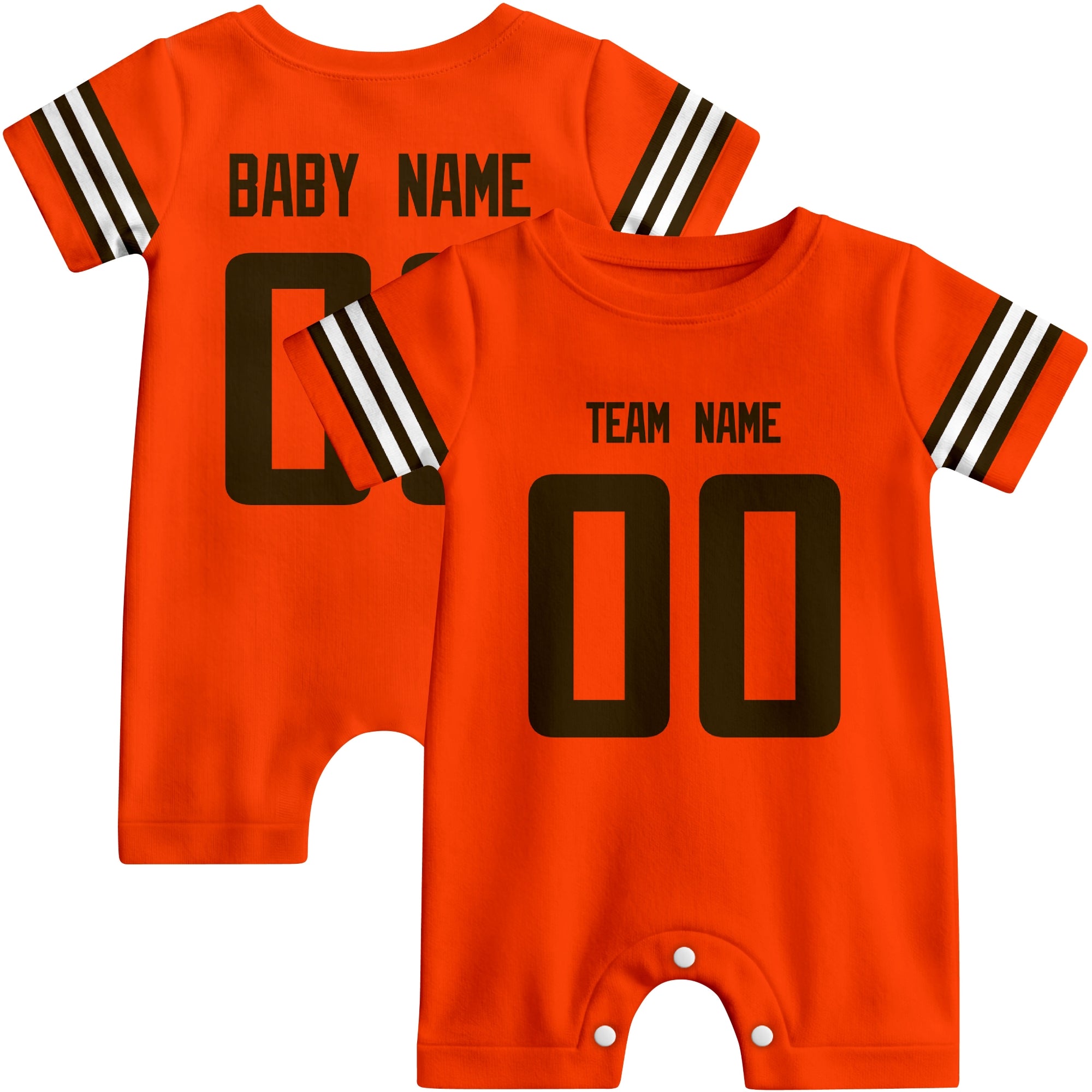 Front and back views of custom football-style baby onesie in Orange and Brown colors with personalized details