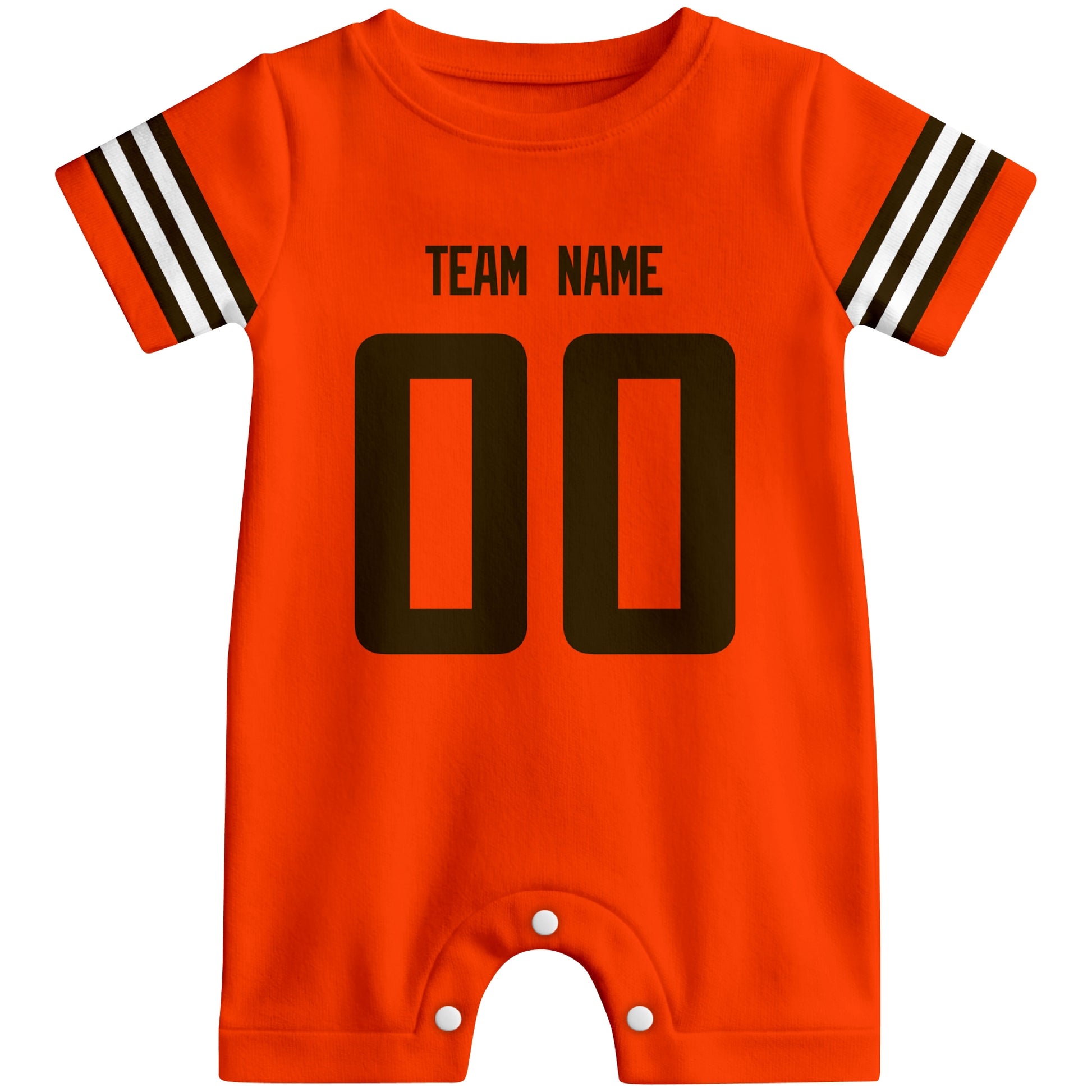 Front view of custom football-style baby onesie in Orange personalized with name and number