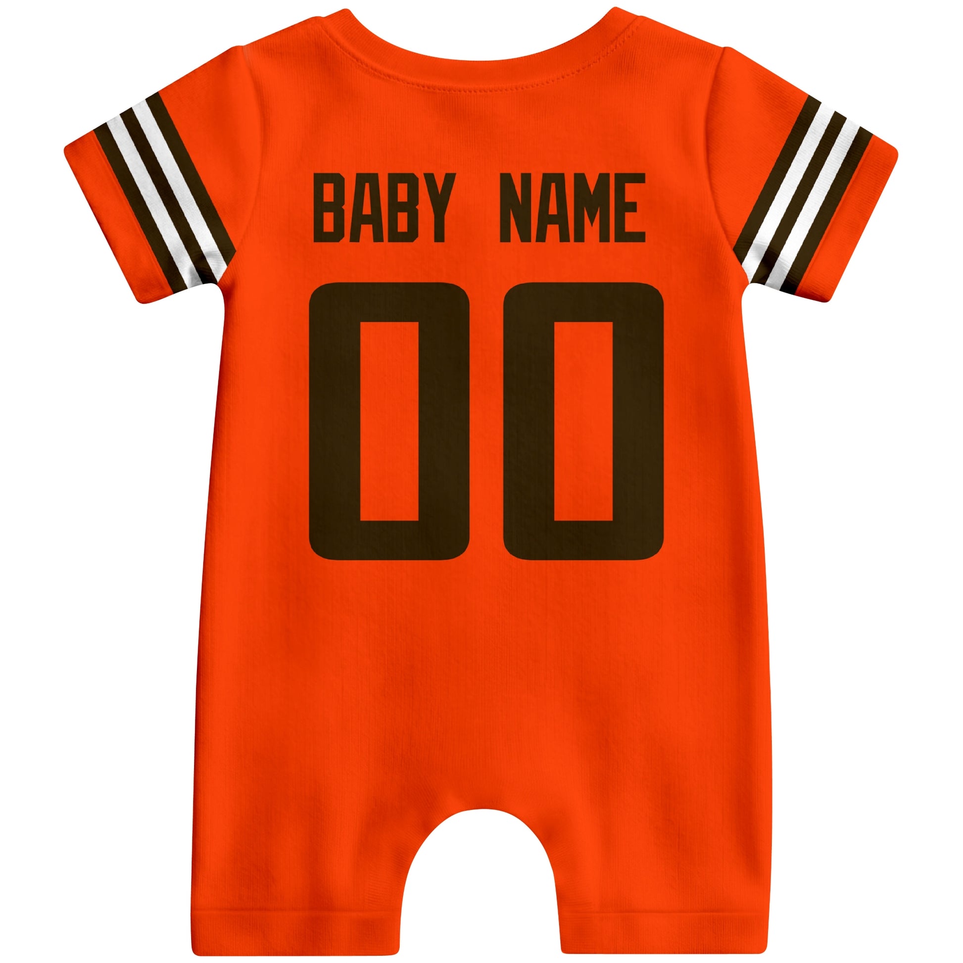 Back view of custom football-style baby onesie in Orange personalized with name and number