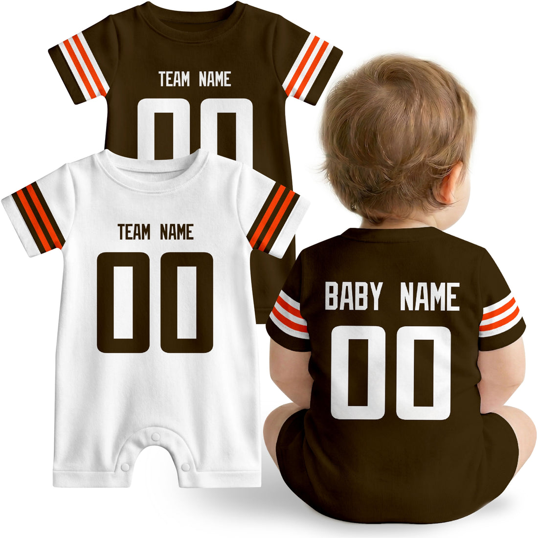 Baby wearing custom football-style onesie in Brown, White, and Orange with personalized name and number