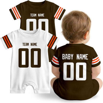 Baby wearing custom football-style onesie in Brown, White, and Orange with personalized name and number