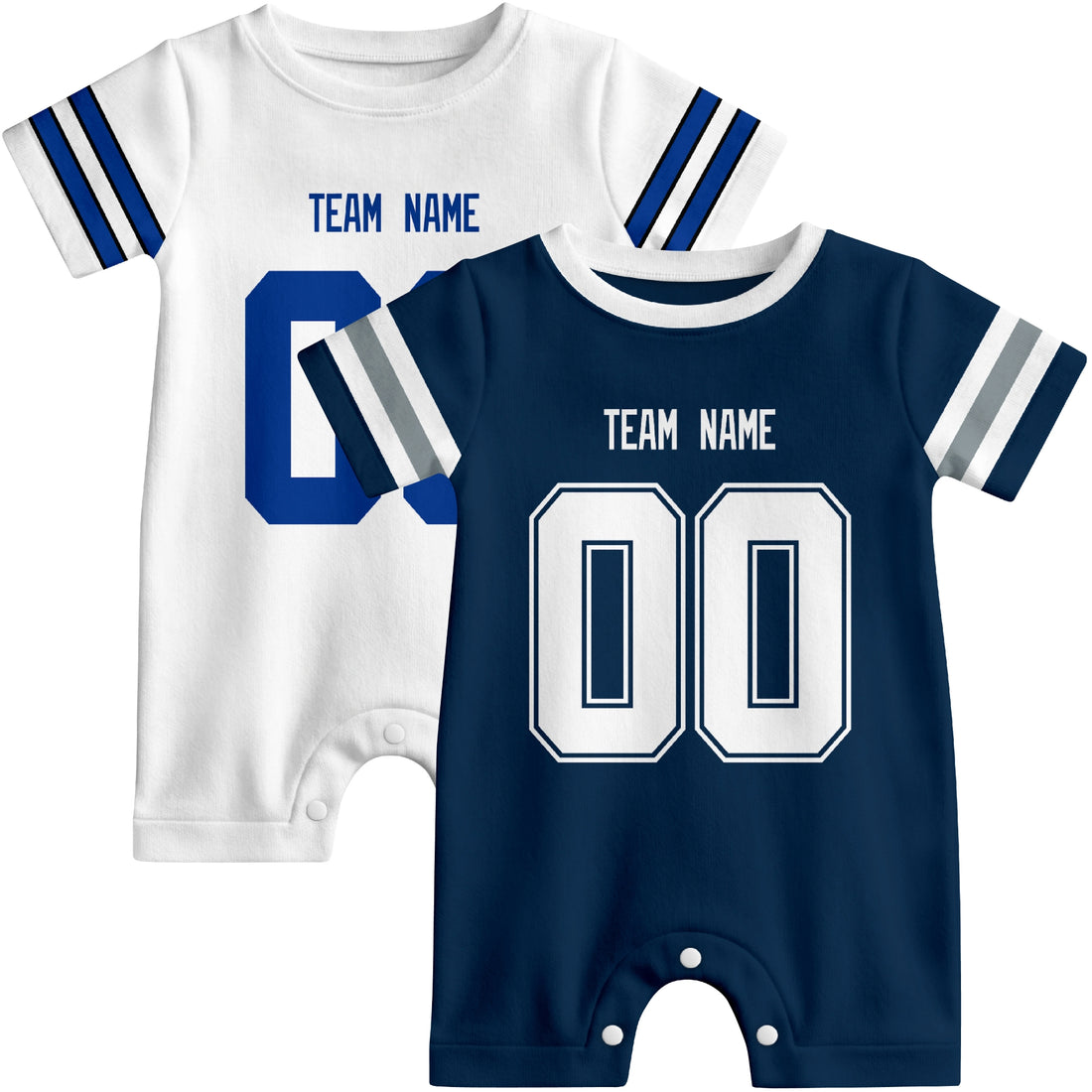 Baby wearing custom football-style onesie in Navy, White, and Black with personalized name and number