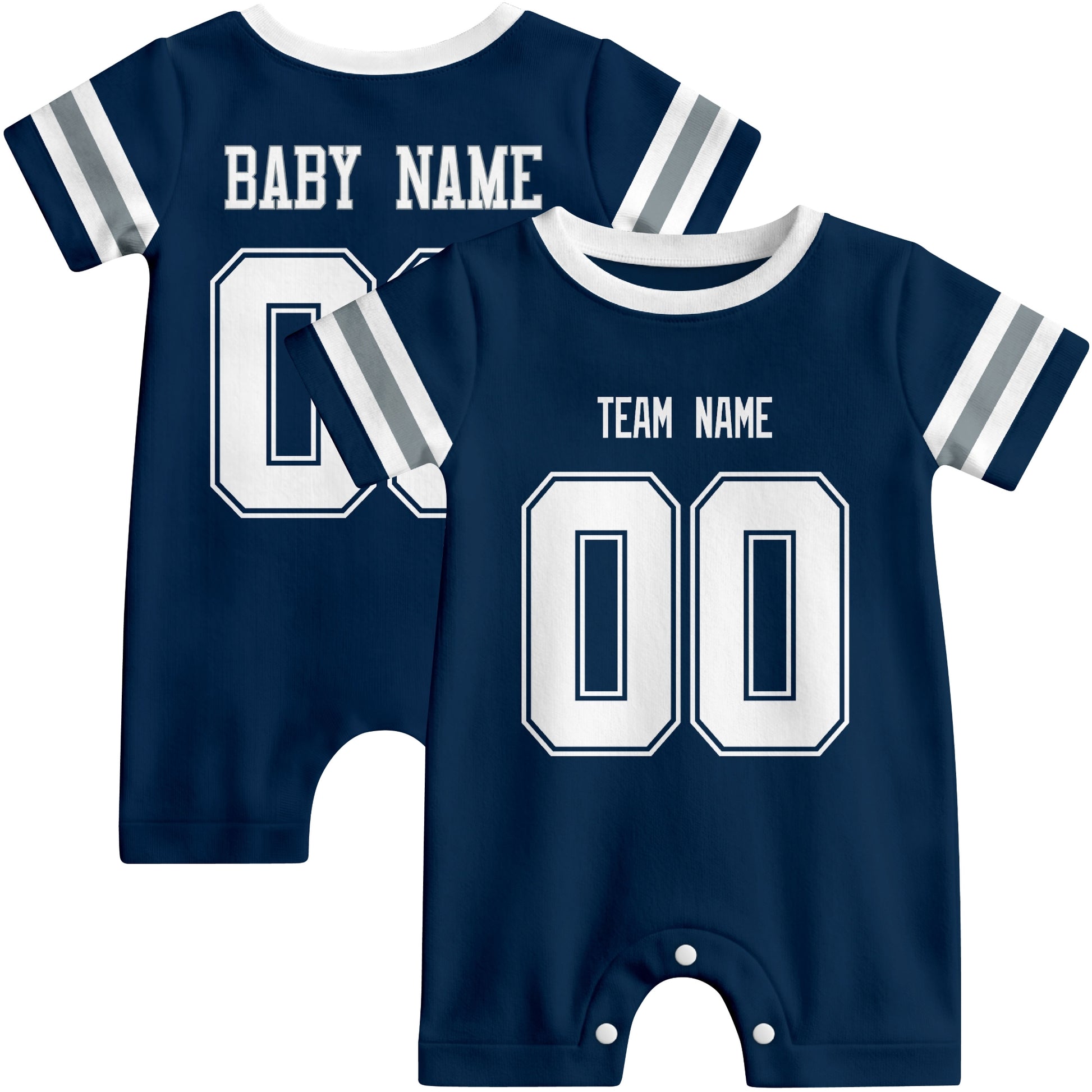 Front and back views of custom football-style baby onesie in Navy and White colors with personalized details