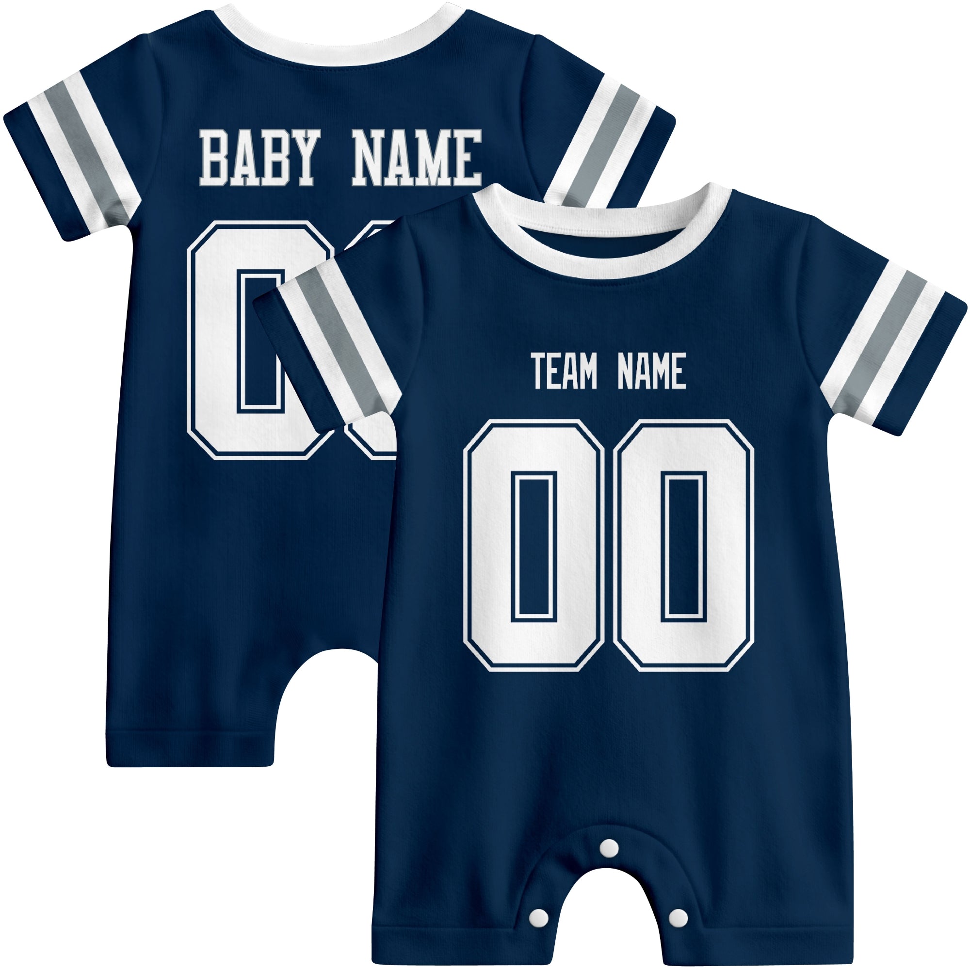 Front and back views of custom football-style baby onesie in Navy and White colors with personalized details