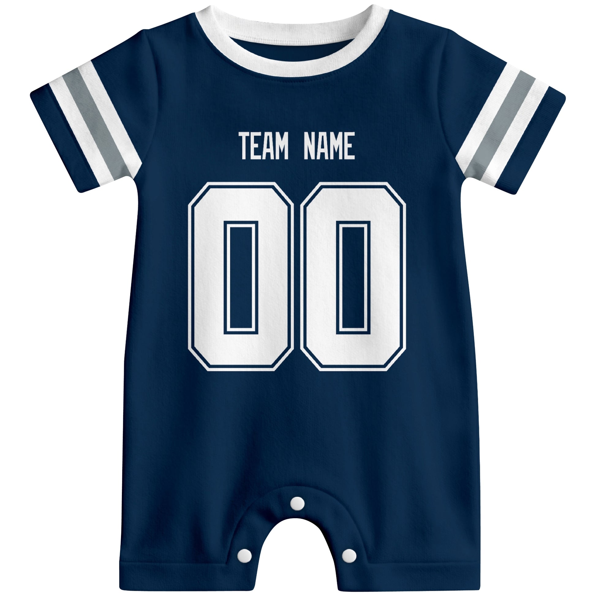 Front view of custom football-style baby onesie in Navy personalized with team name and number