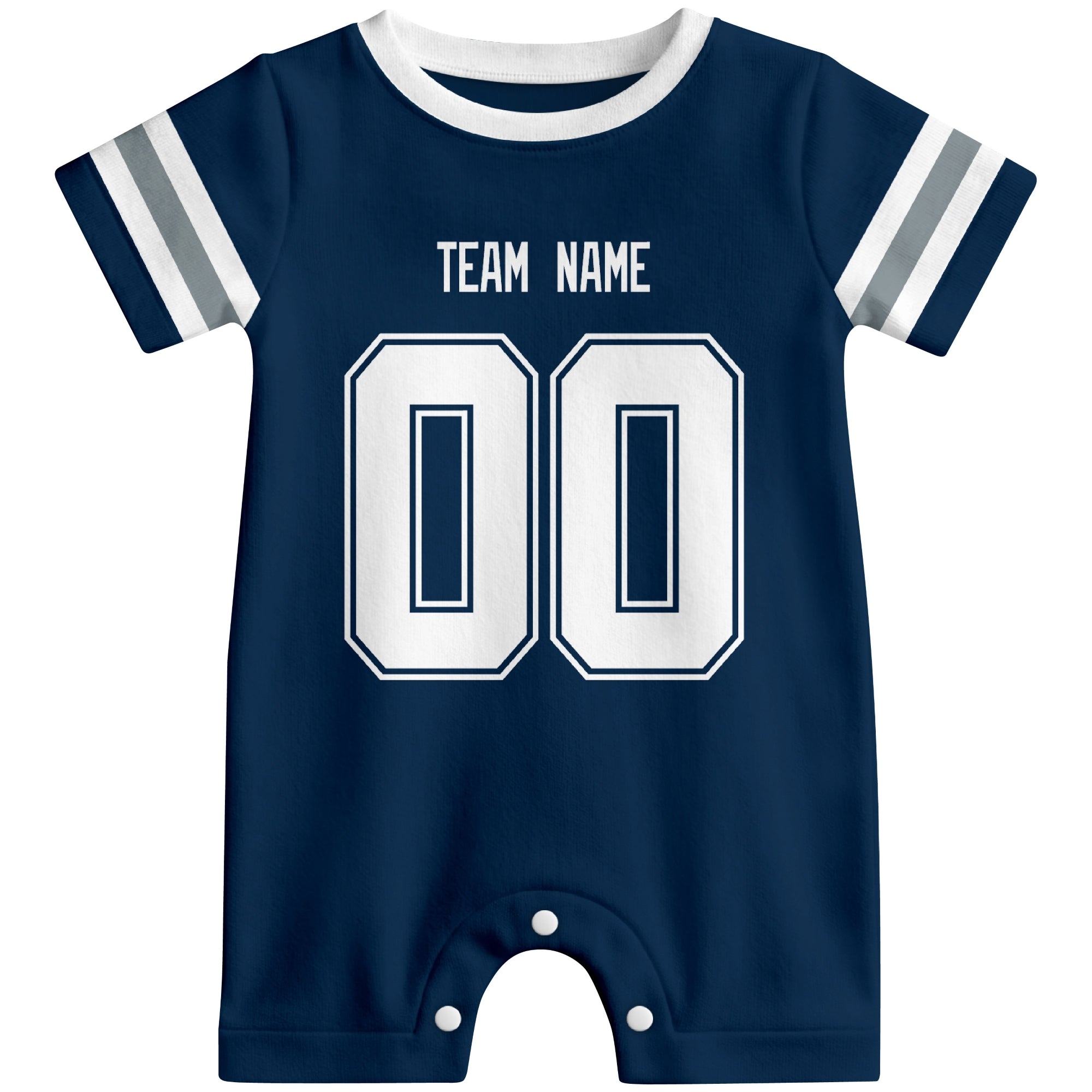 Front view of custom football-style baby onesie in Navy personalized with team name and number