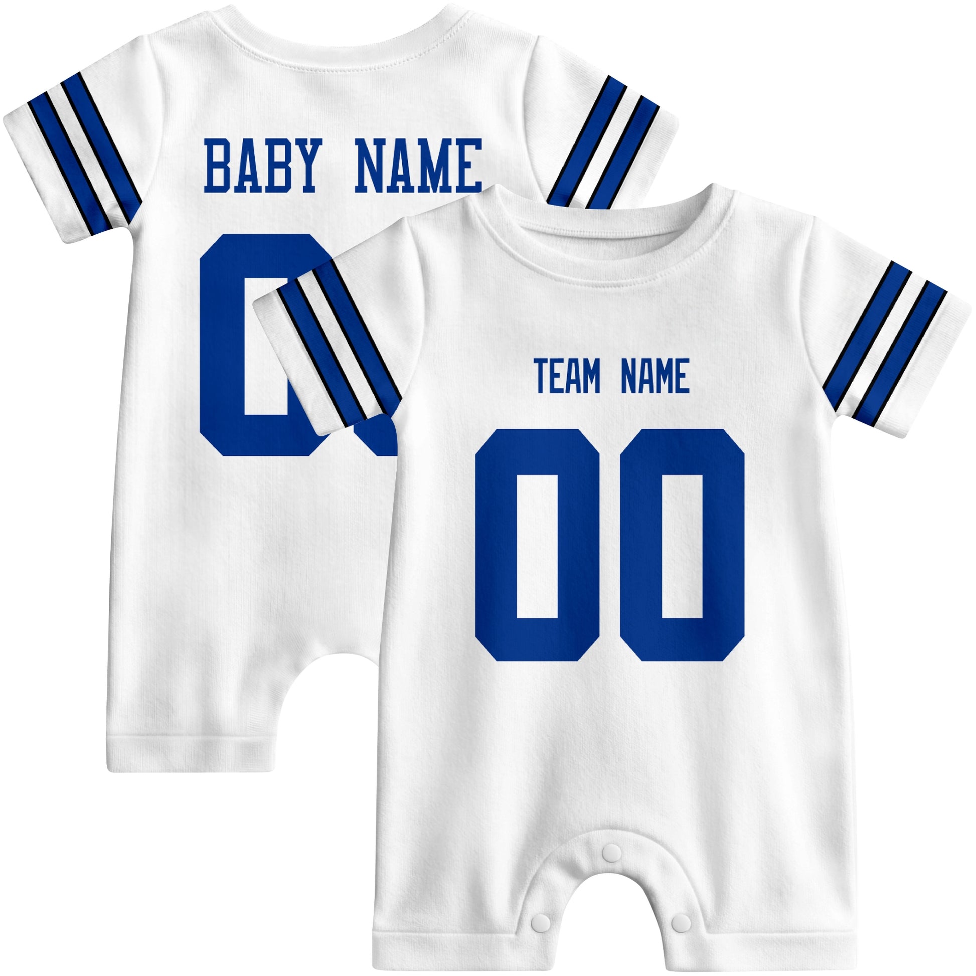 Front and back views of custom football-style baby onesie in White and Navy colors with personalized details