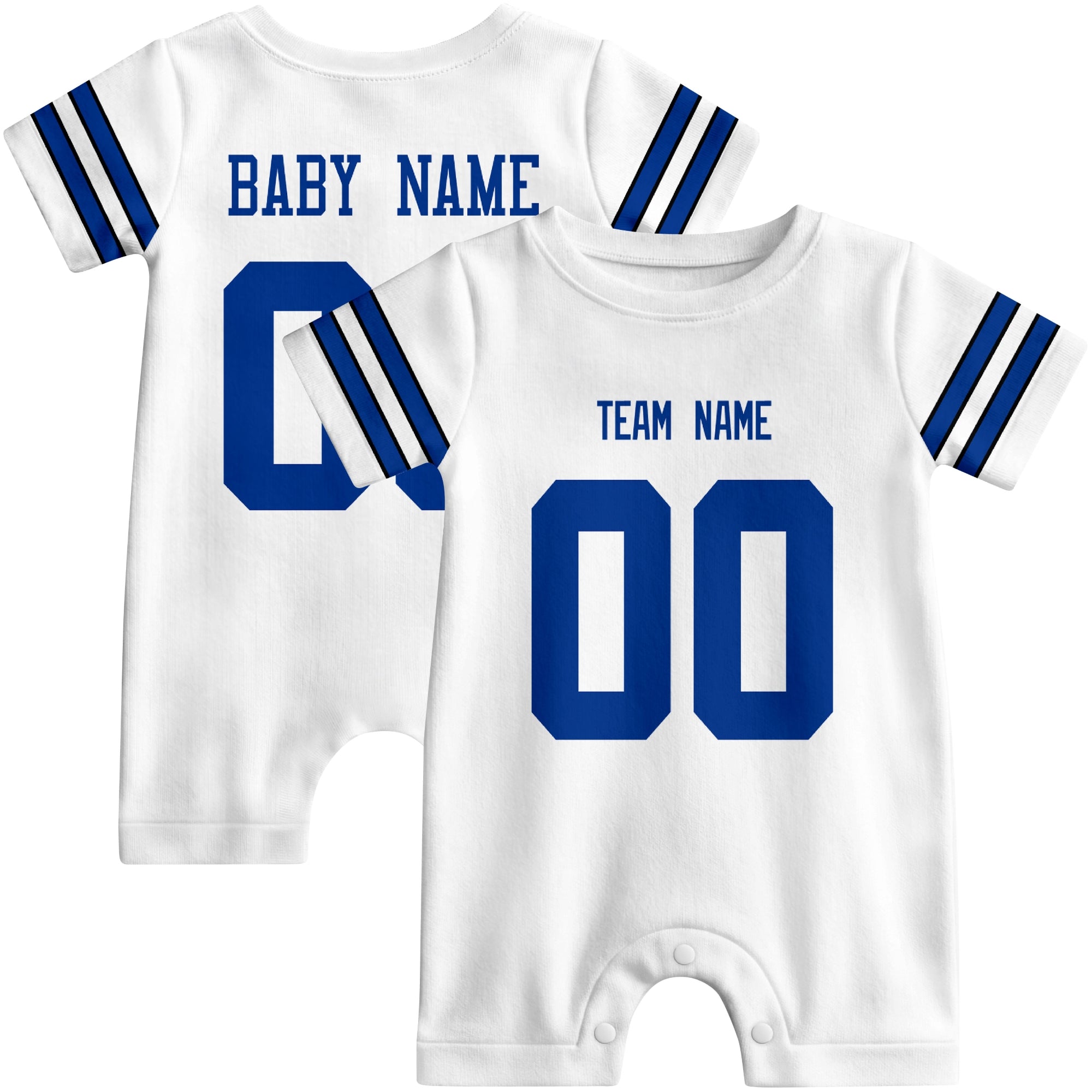 Front and back views of custom football-style baby onesie in White and Navy colors with personalized details