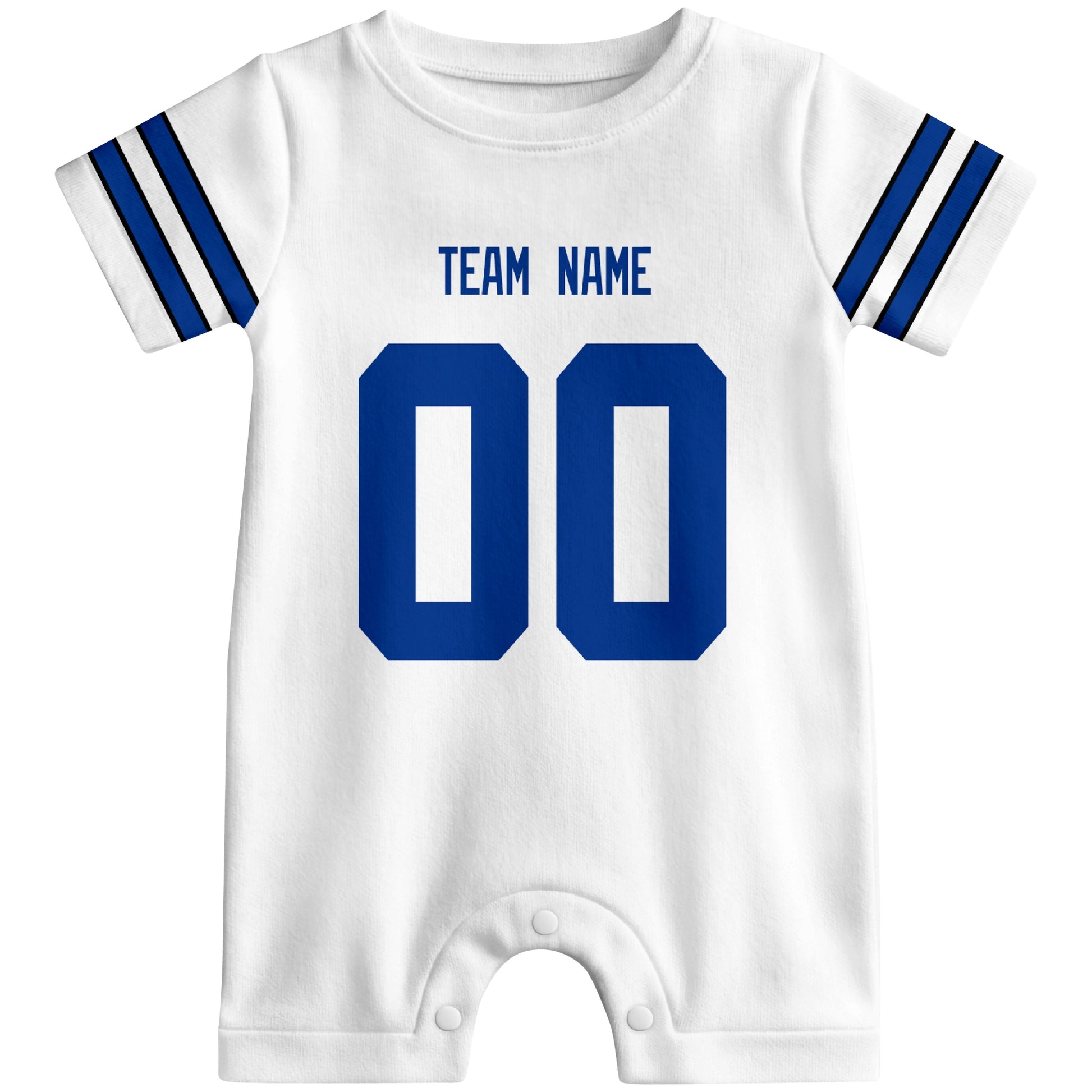 Front view of custom football-style baby onesie in White personalized with name and number