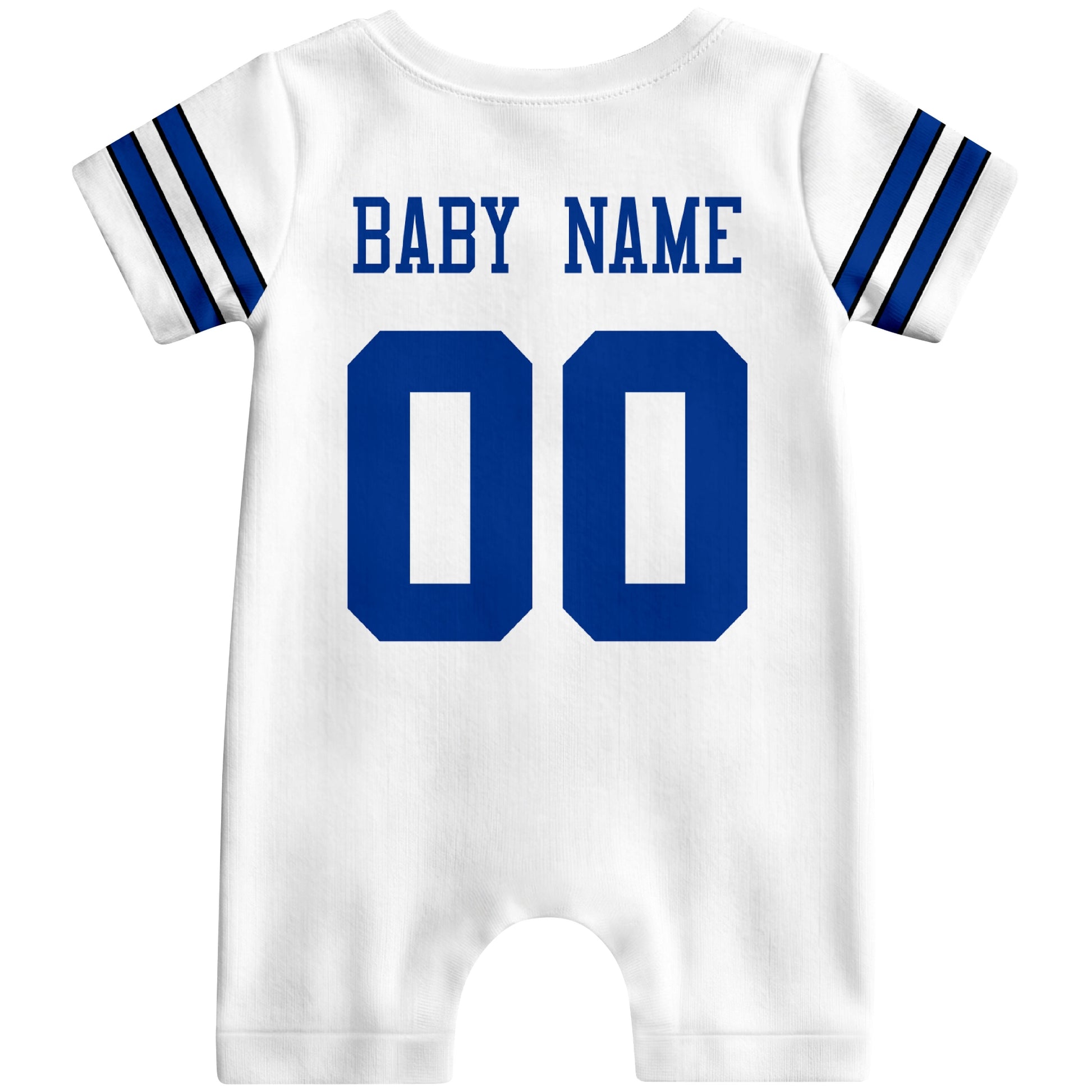 Back view of custom football-style baby onesie in White personalized with name and number