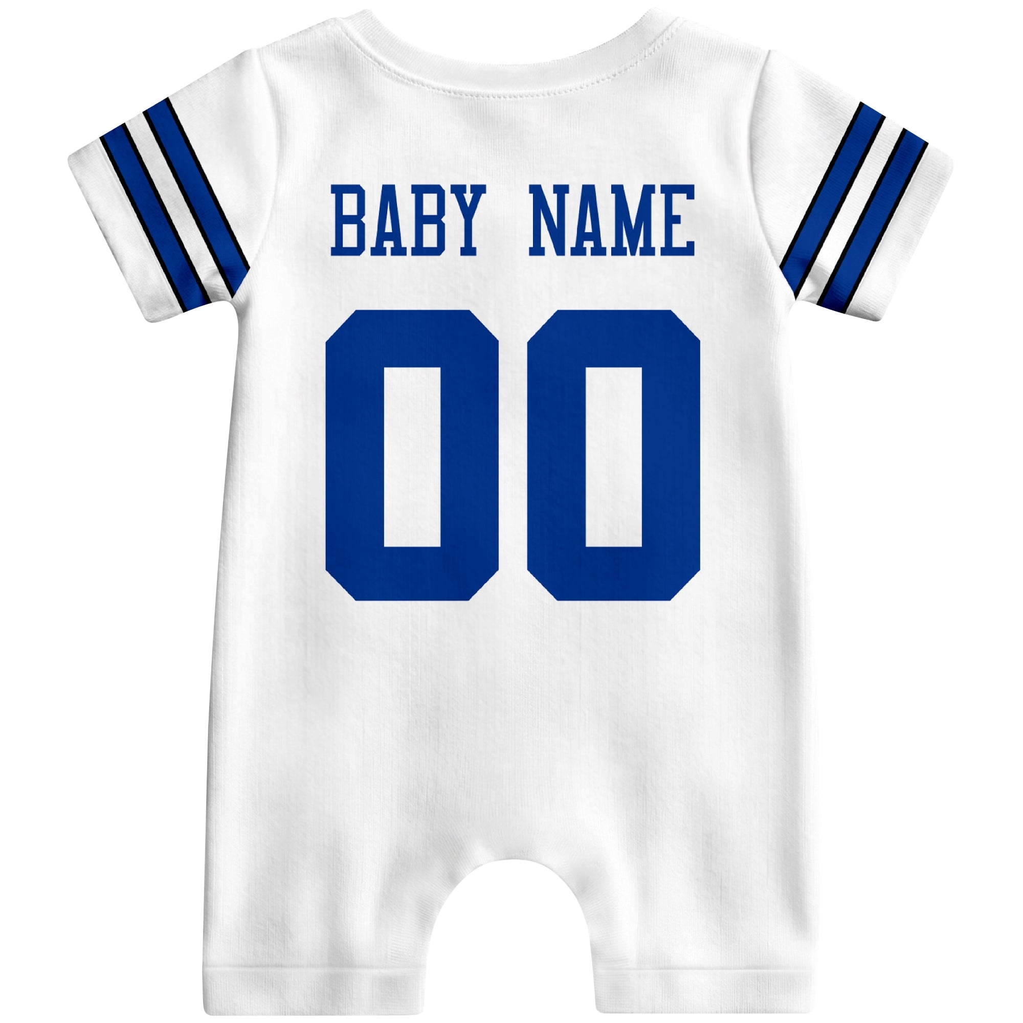 Back view of custom football-style baby onesie in White personalized with name and number
