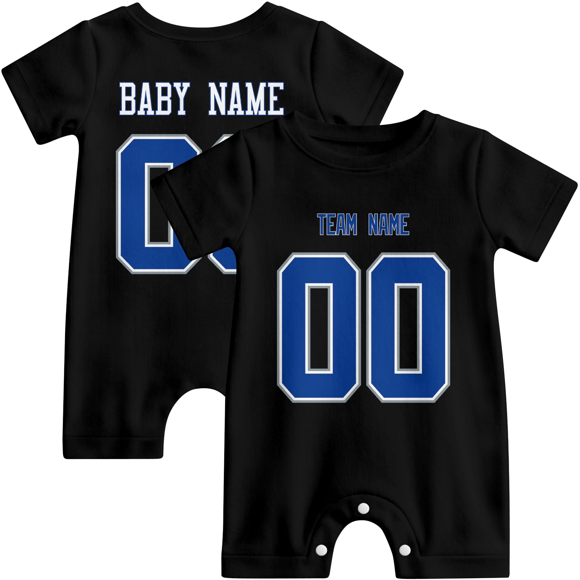 Front and back views of custom football-style baby onesie in Black and Navy colors with personalized details