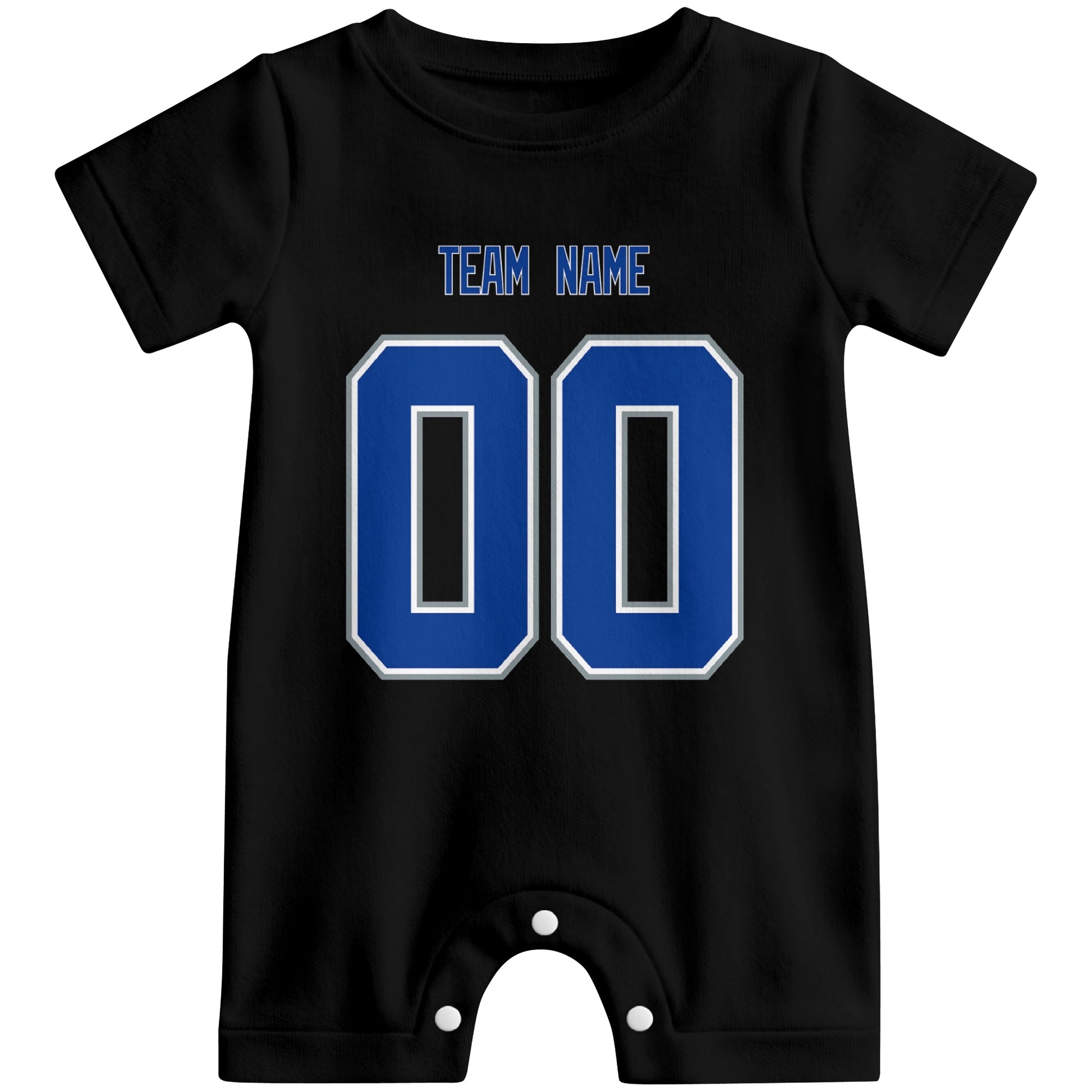 Front view of custom football-style baby onesie in Black personalized with name and number