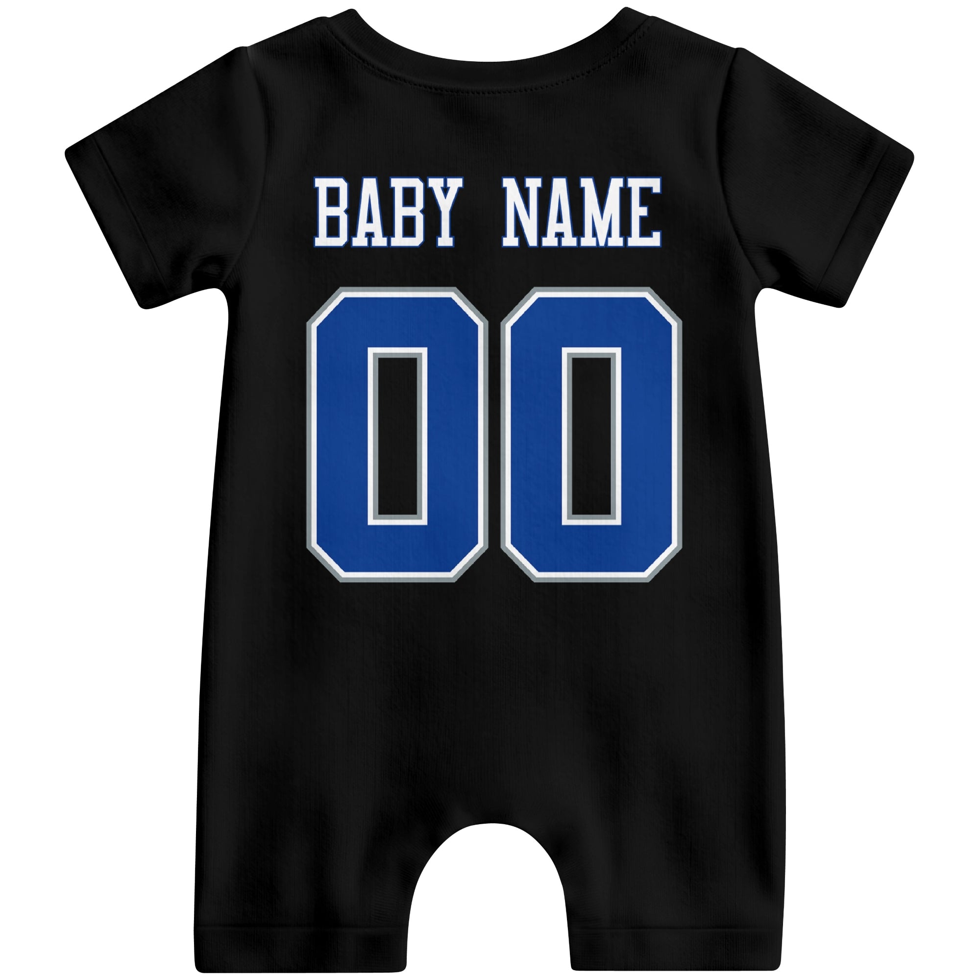 Back view of custom football-style baby onesie in Black personalized with name and number