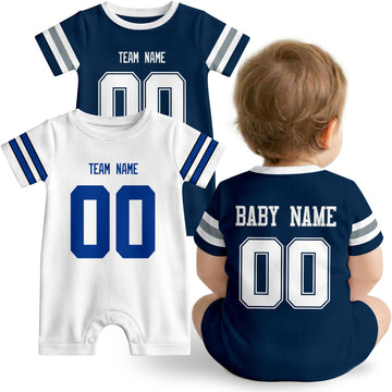 Baby wearing custom football-style onesie in Navy, White, and Black with personalized name and number