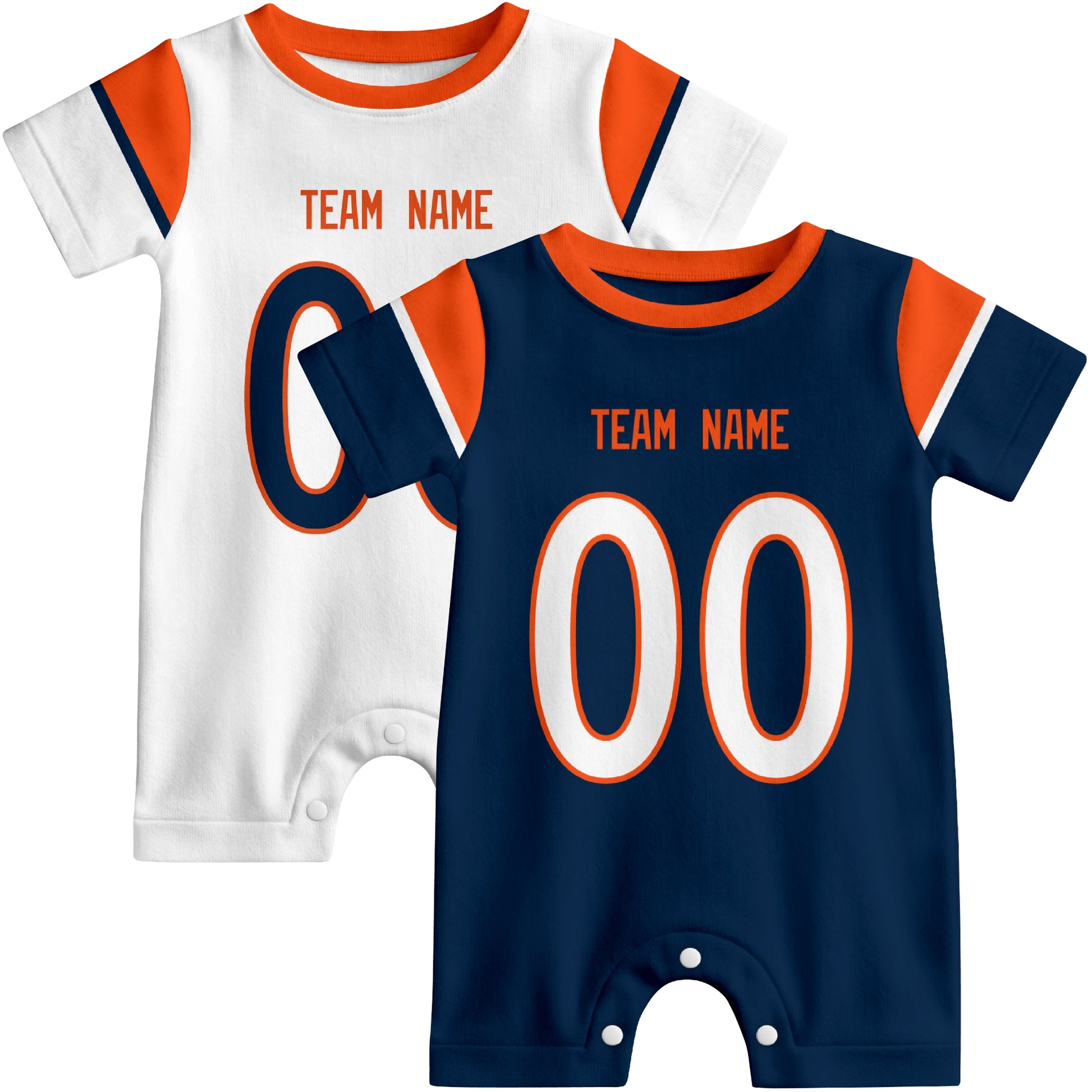 Custom football-style baby onesie color options in Navy and White