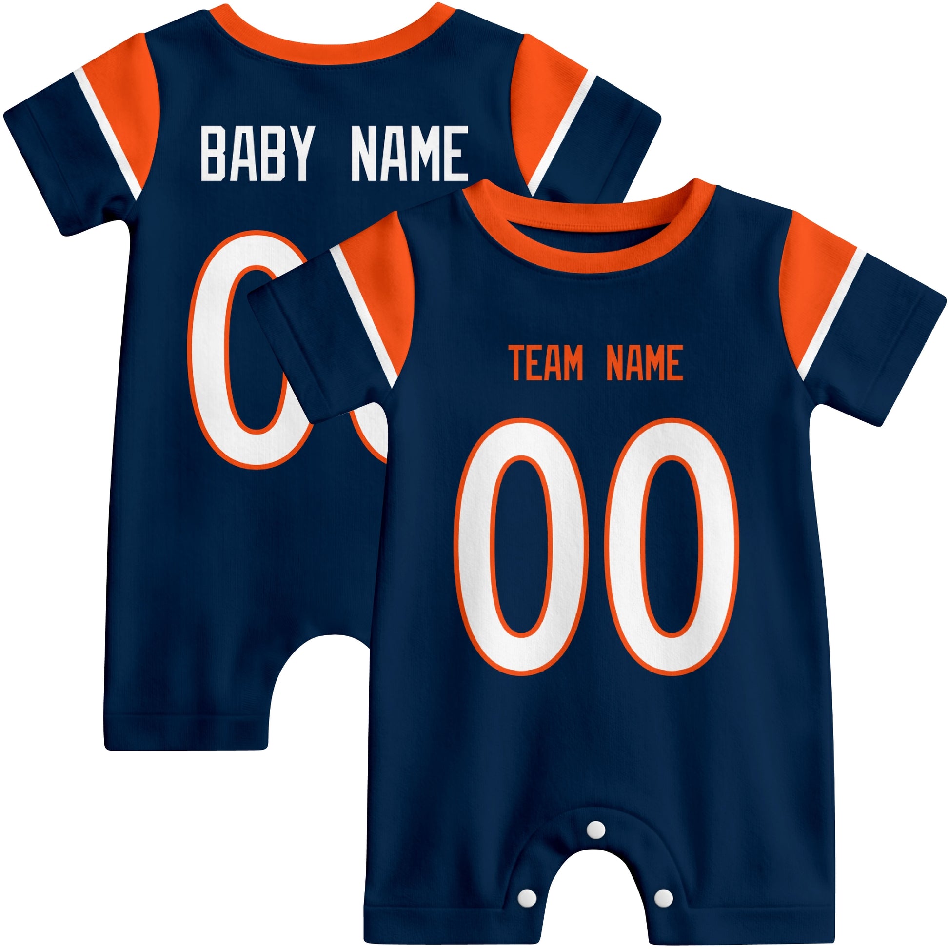 Front and back views of custom football-style baby onesie in Navy and White colors with personalized details
