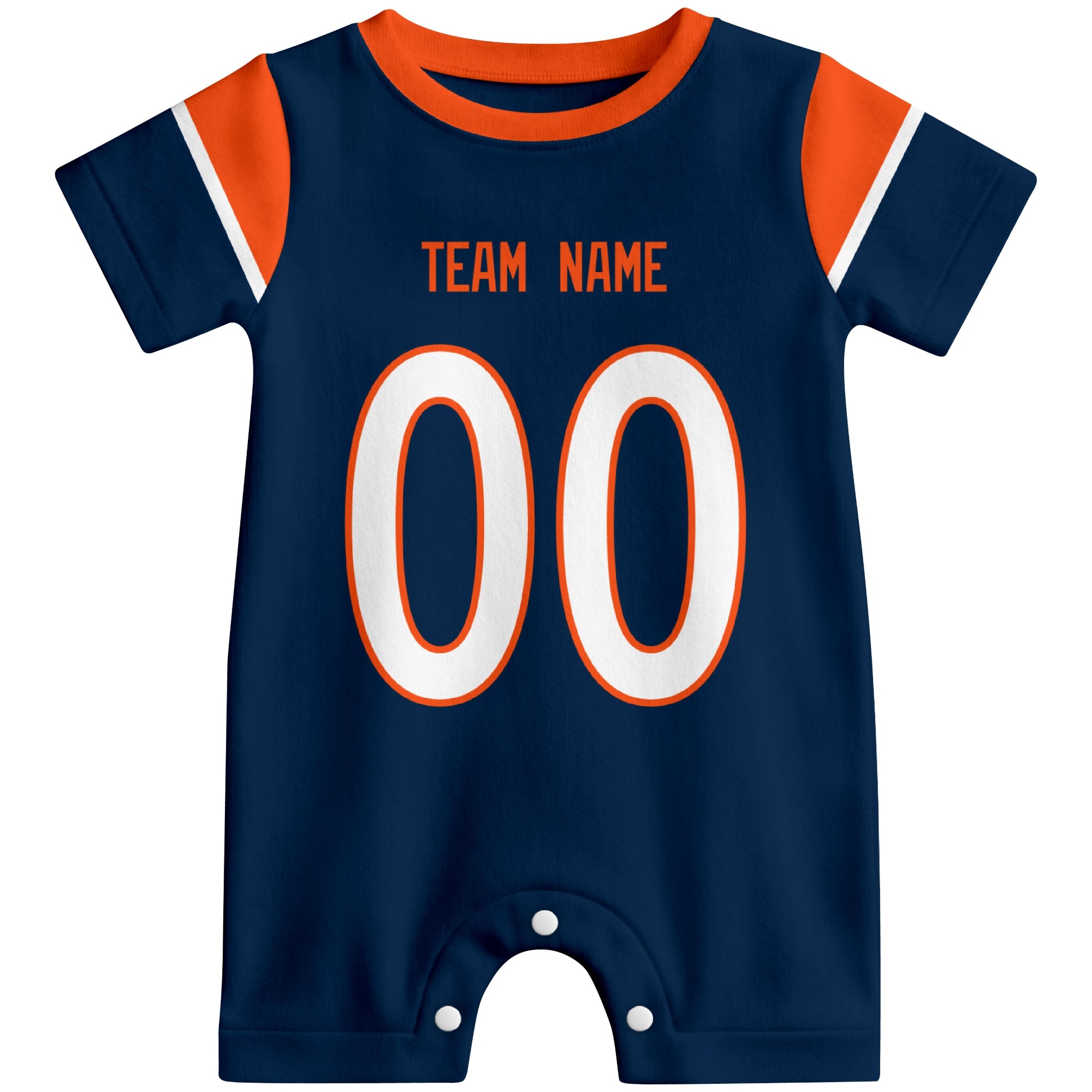 Front view of custom football-style baby onesie in Navy personalized with team name and number