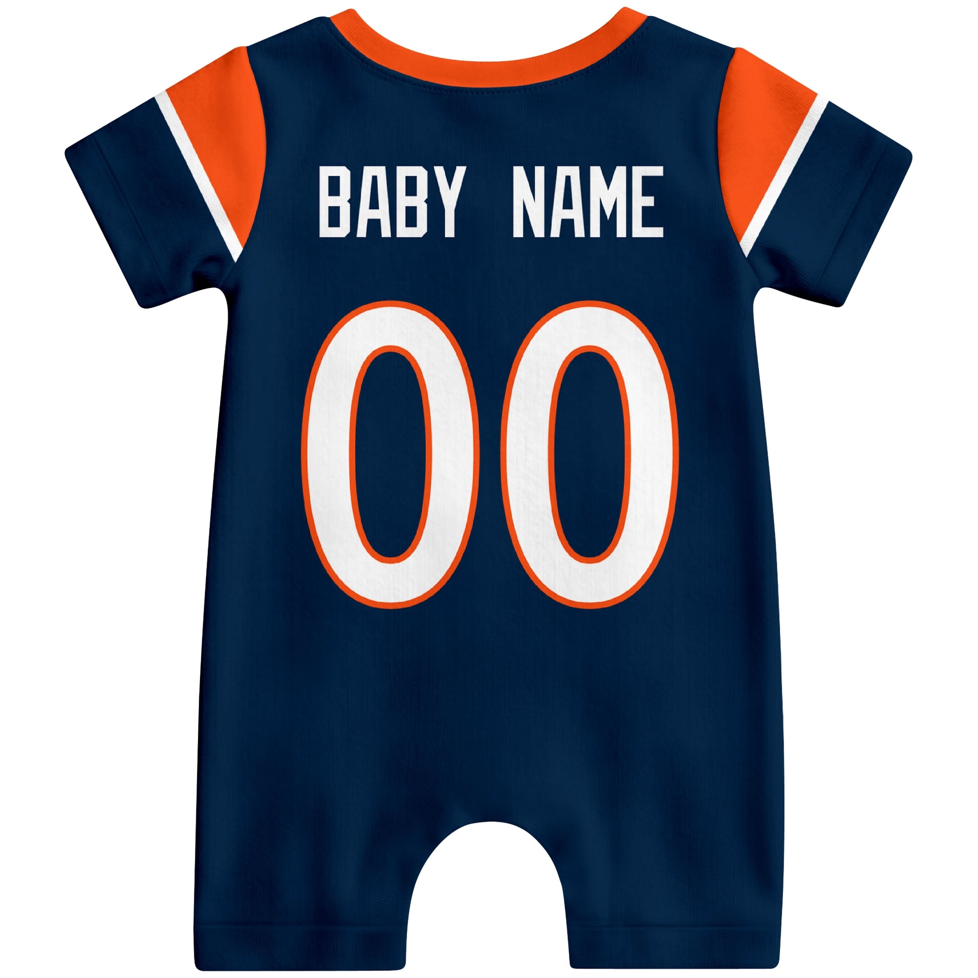 Back view of custom football-style baby onesie in Navy personalized with baby name and number