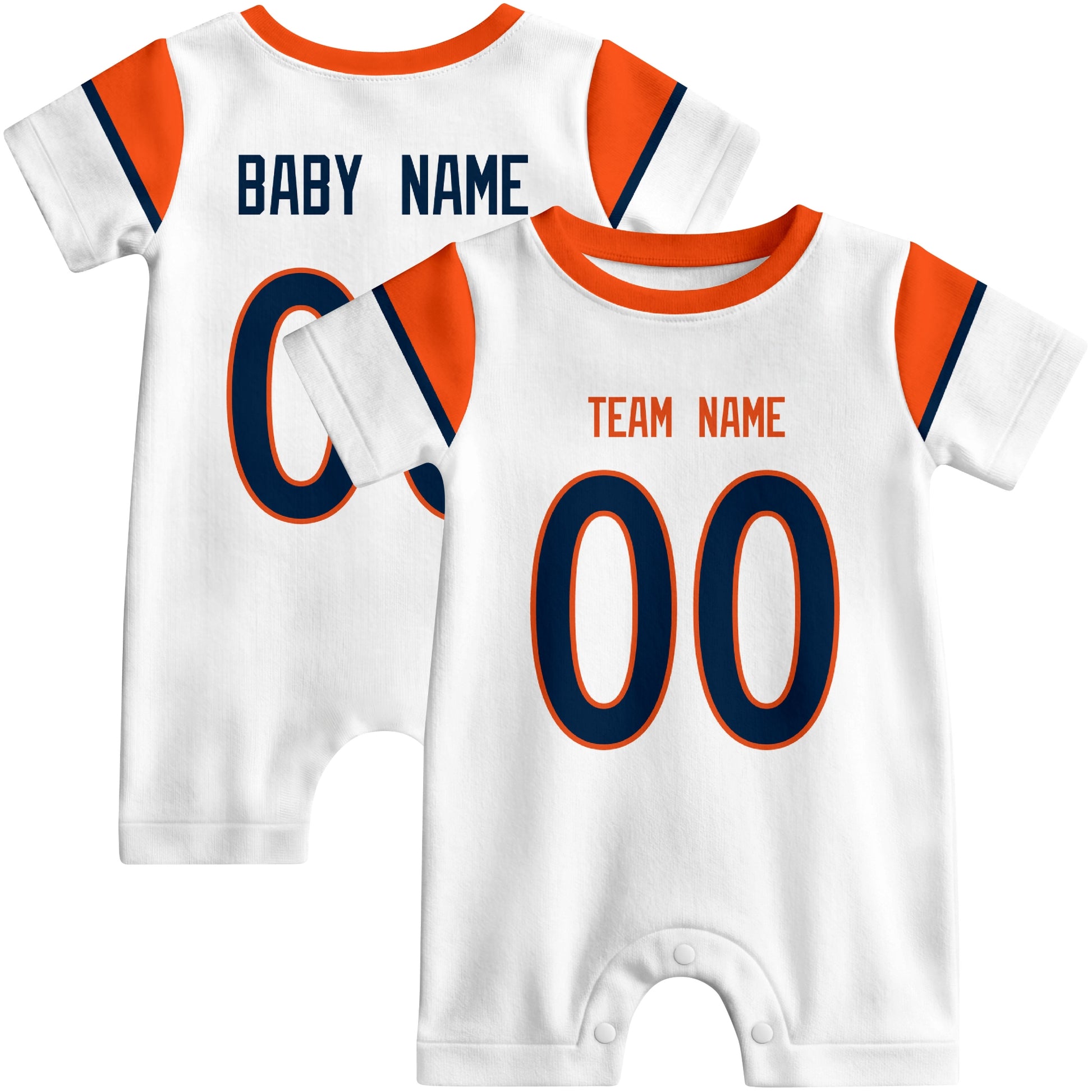 Front and back views of custom football-style baby onesie in White and Navy colors with personalized details