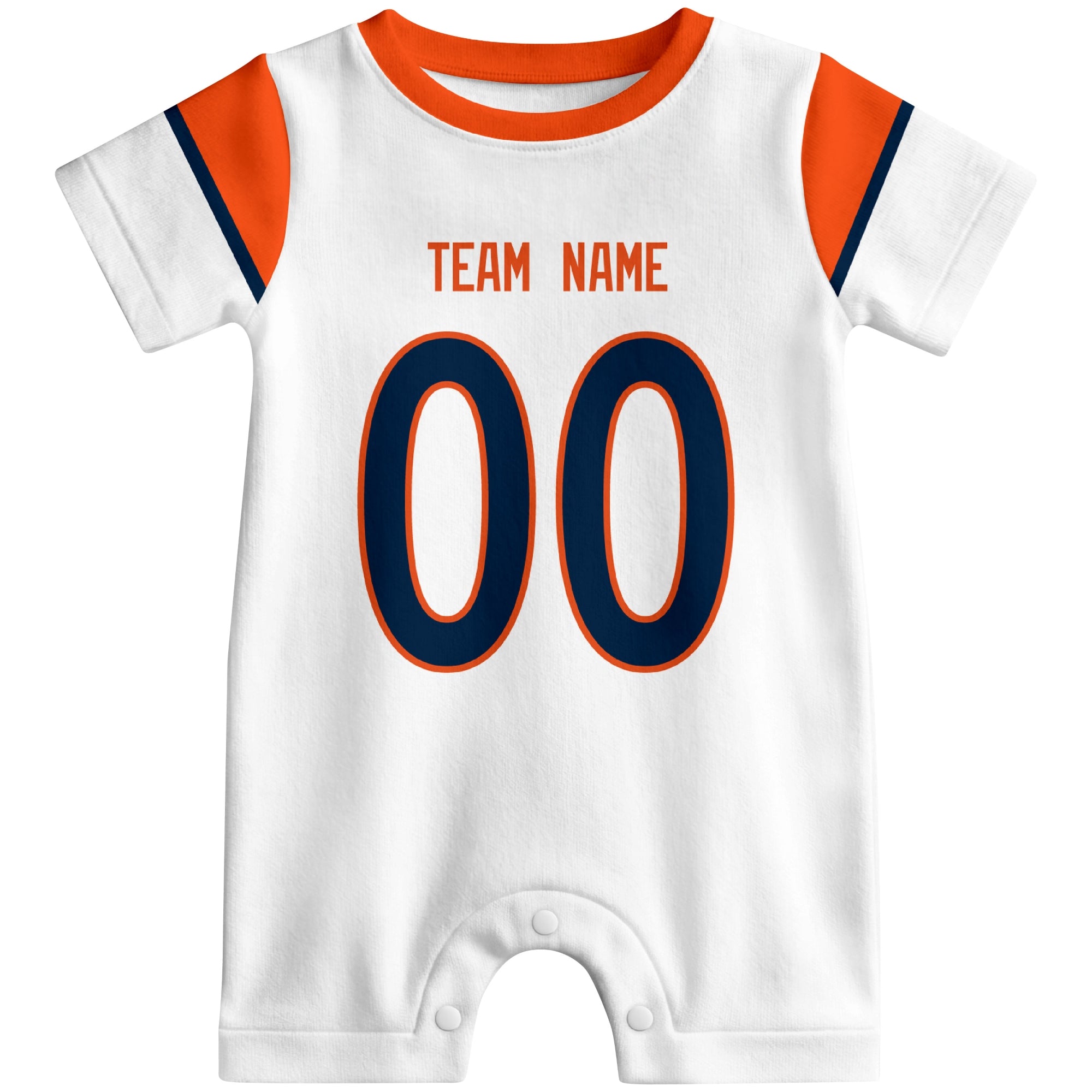 Front view of custom football-style baby onesie in White personalized with name and number