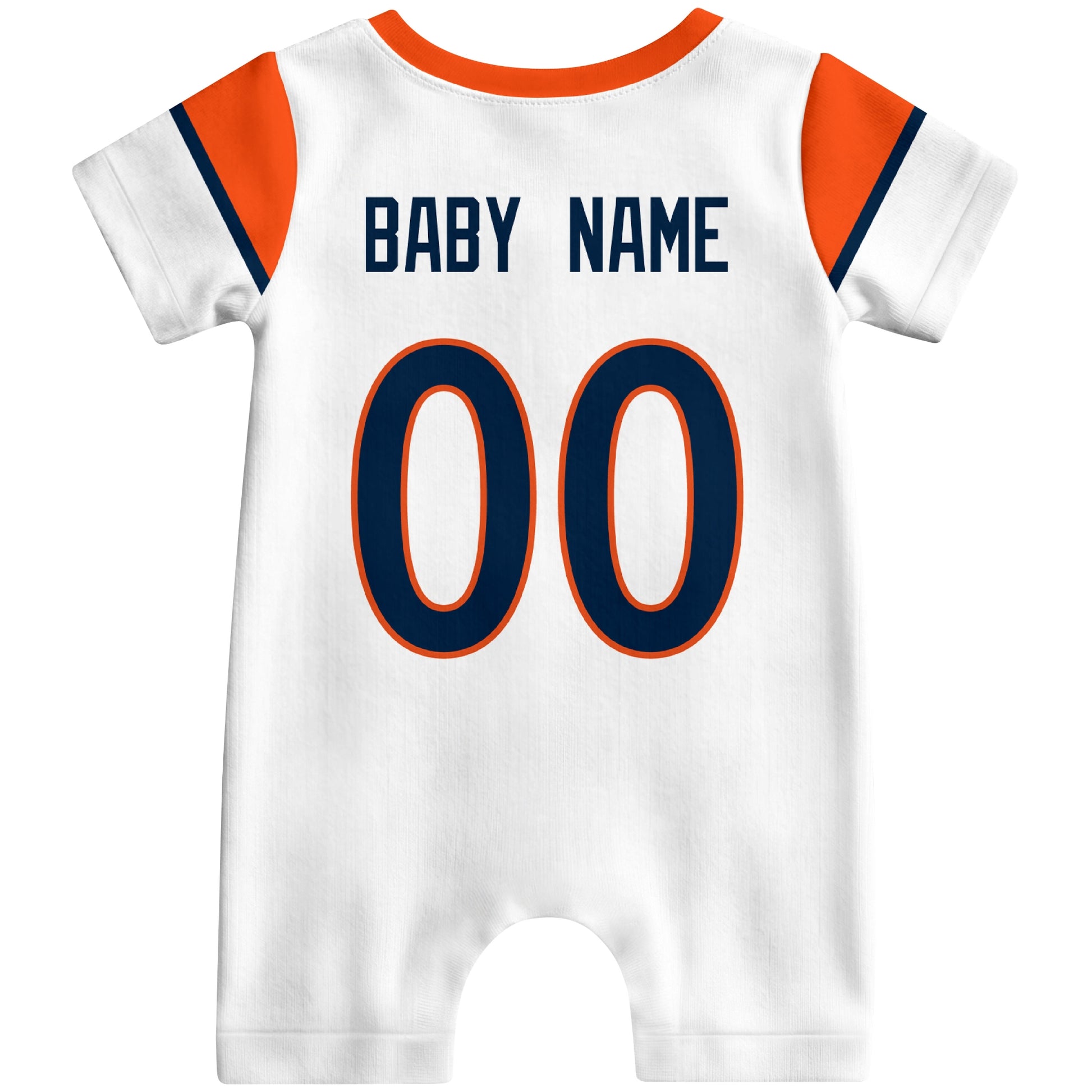 Back view of custom football-style baby onesie in White personalized with name and number