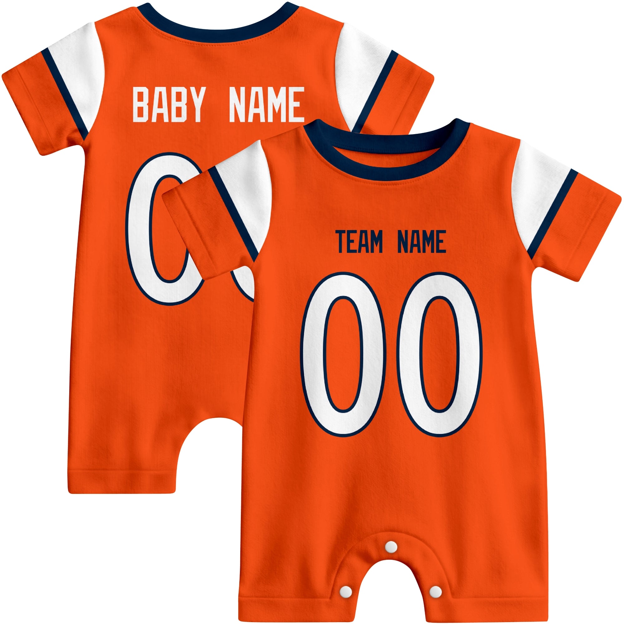 Front and back views of custom football-style baby onesie in Orange and Navy colors with personalized details