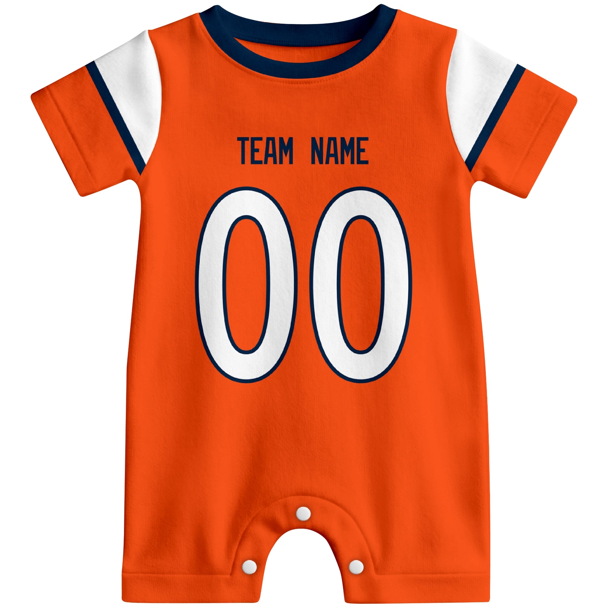 Front view of custom football-style baby onesie in Orange personalized with name and number