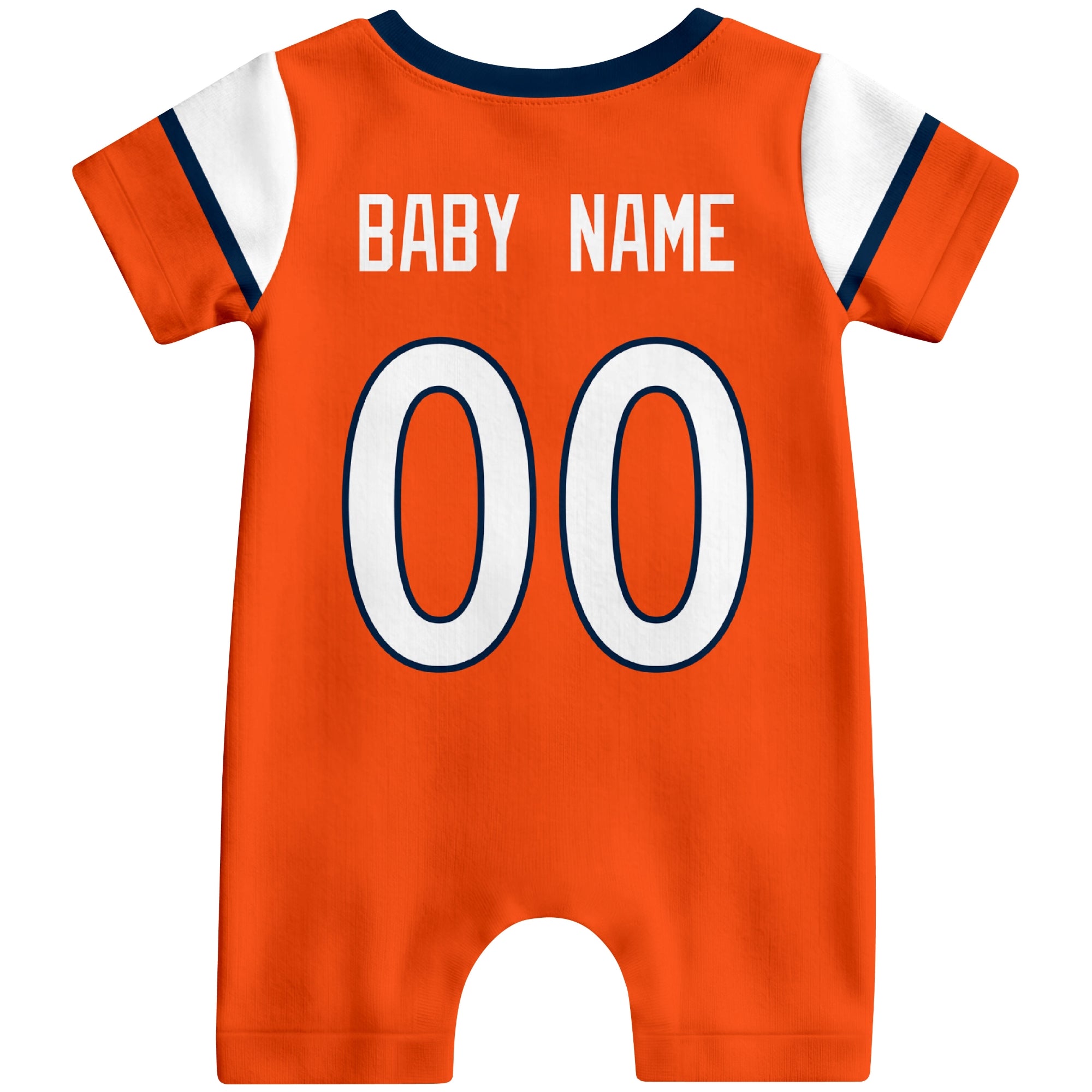 Back view of custom football-style baby onesie in Orange personalized with name and number