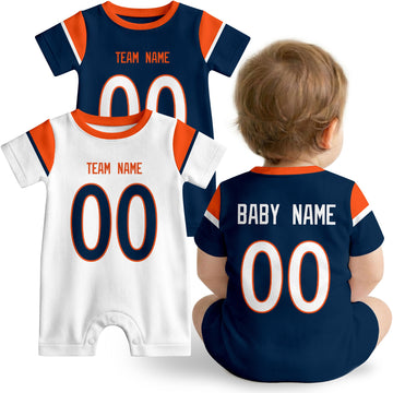 Baby wearing custom football-style onesie in Navy, White, and Orange with personalized name and number