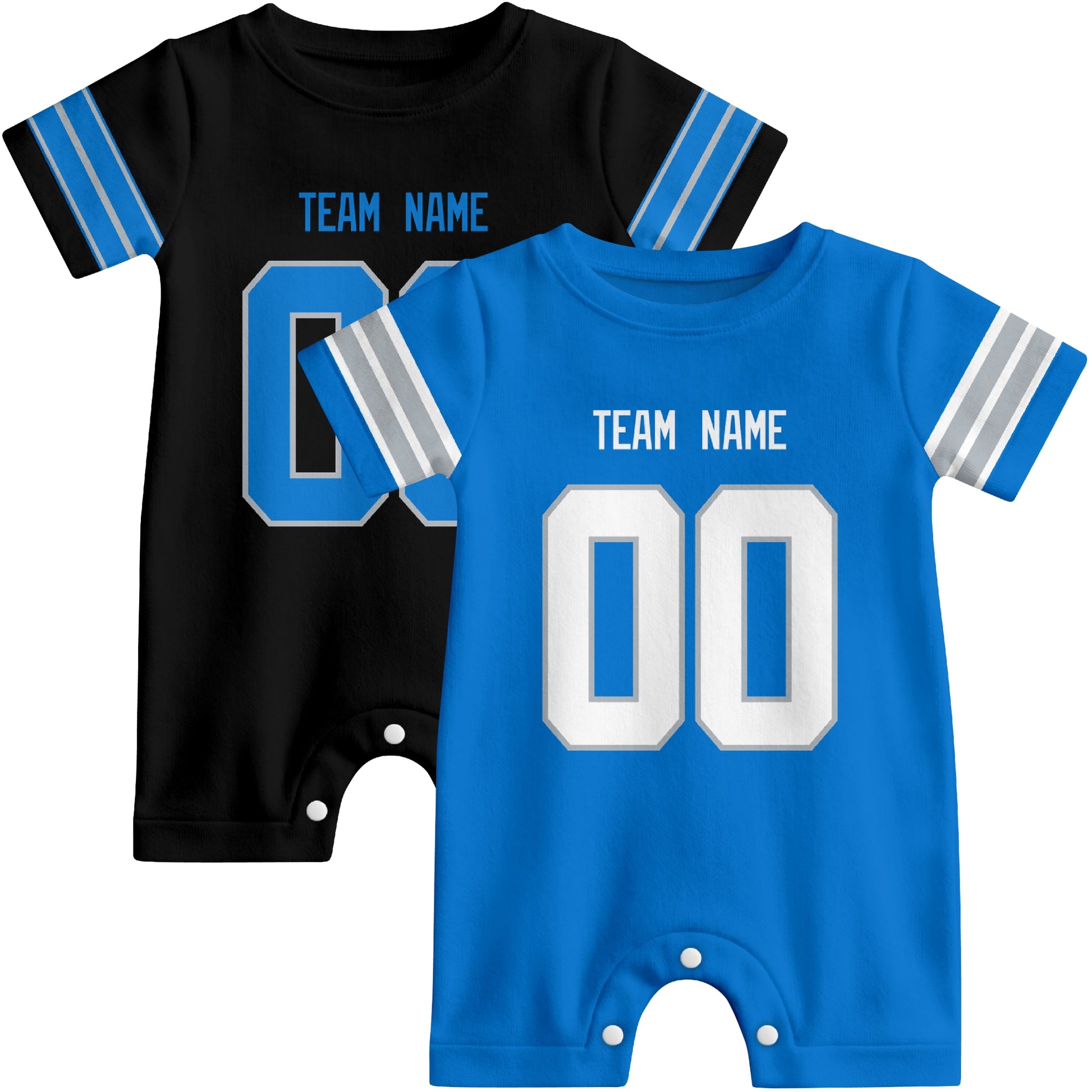 Custom football-style baby onesie color options in Blue and White