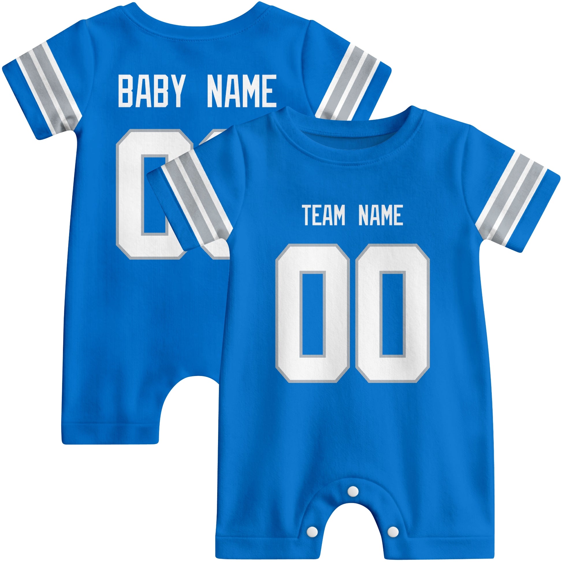 Front and back views of custom football-style baby onesie in Blue and White colors with personalized details